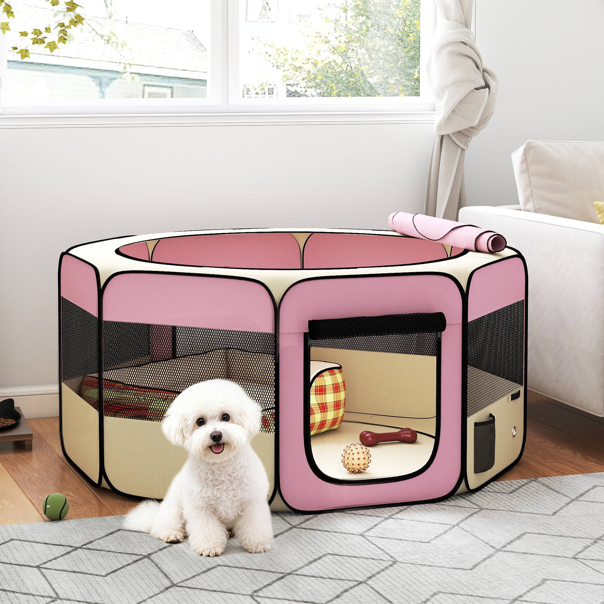 Parc pliable pour chiens et chats, parc portable pour petits animaux, tissu Oxford imperméable, Ø120 x 58 cm, rose - Image 4