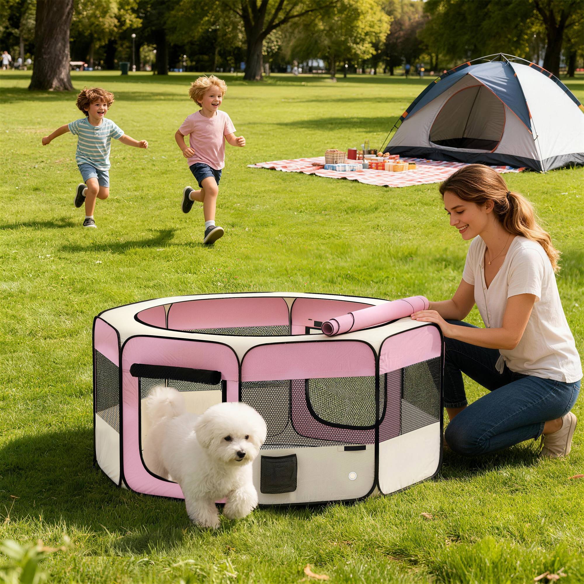 Parc pliable pour chiens et chats, parc portable pour petits animaux, tissu Oxford imperméable, Ø120 x 58 cm, rose - Image 3