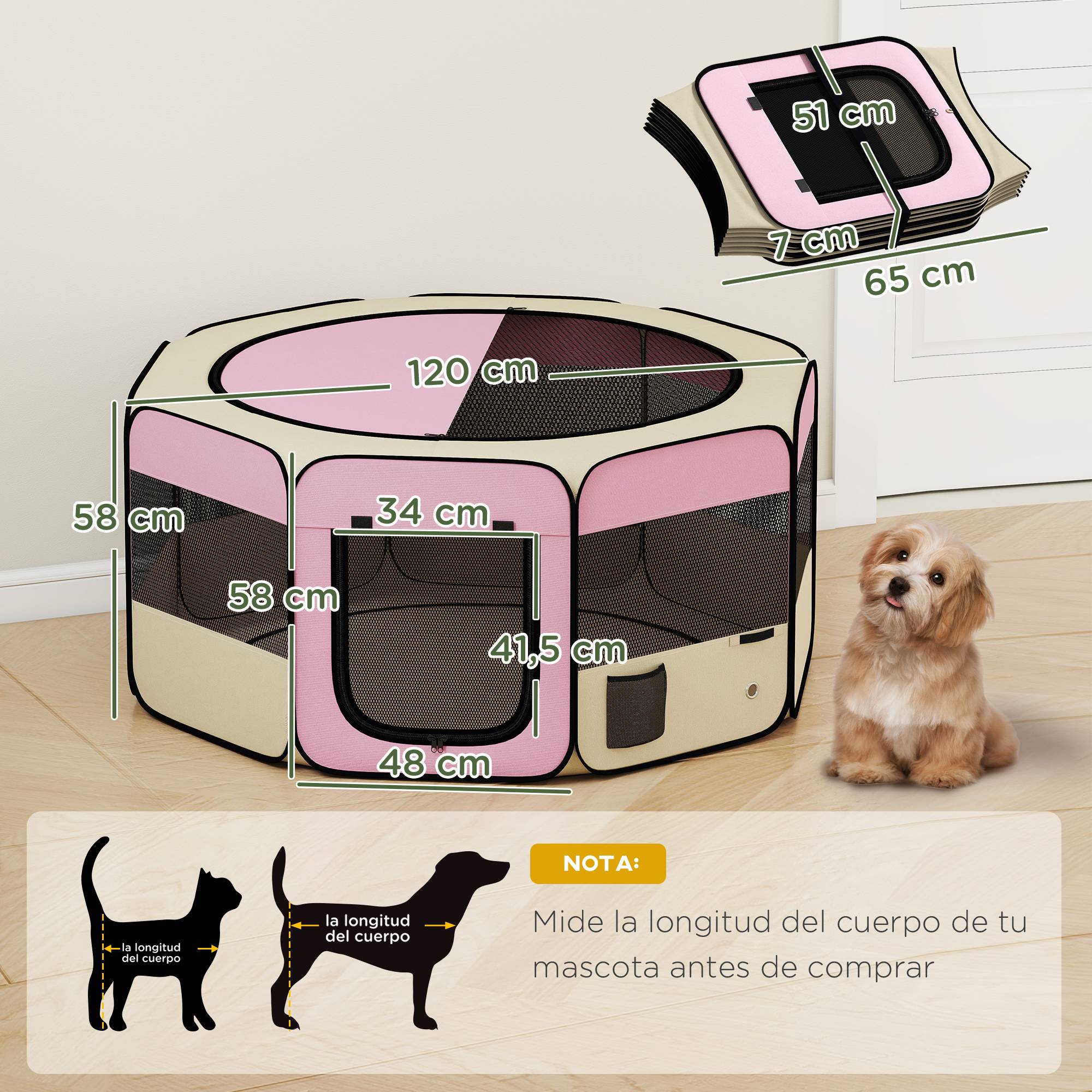 Parc pliable pour chiens et chats, parc portable pour petits animaux, tissu Oxford imperméable, Ø120 x 58 cm, rose - Image 5