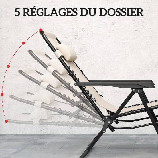 Sans Marque - Lot de 2 chaise longue pliable et inclinable avec table d'appoint, porte-gobelets et appuie-têtes, charge 120 kg, beige - Image 6