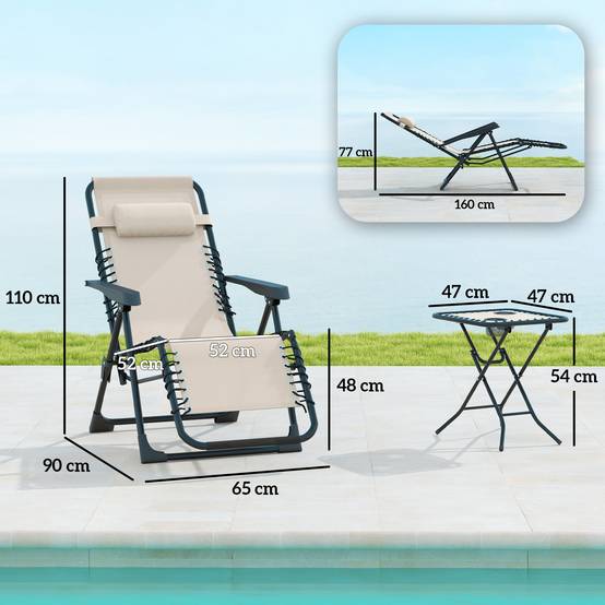 Sans Marque - Lot de 2 chaise longue pliable et inclinable avec table d'appoint, porte-gobelets et appuie-têtes, charge 120 kg, beige - Image 5