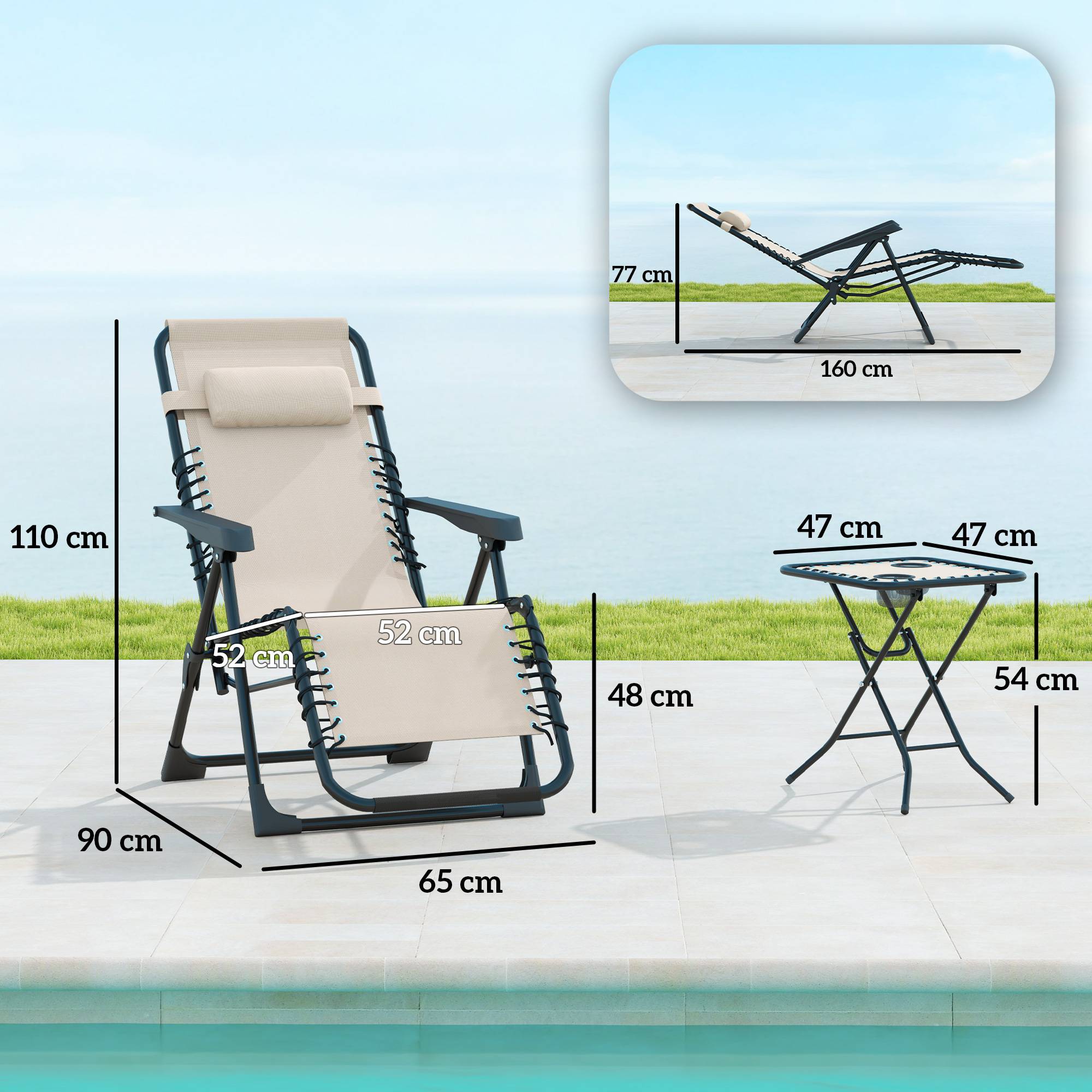 Sans Marque - Lot de 2 chaise longue pliable et inclinable avec table d'appoint, porte-gobelets et appuie-têtes, charge 120 kg, beige - Image 5