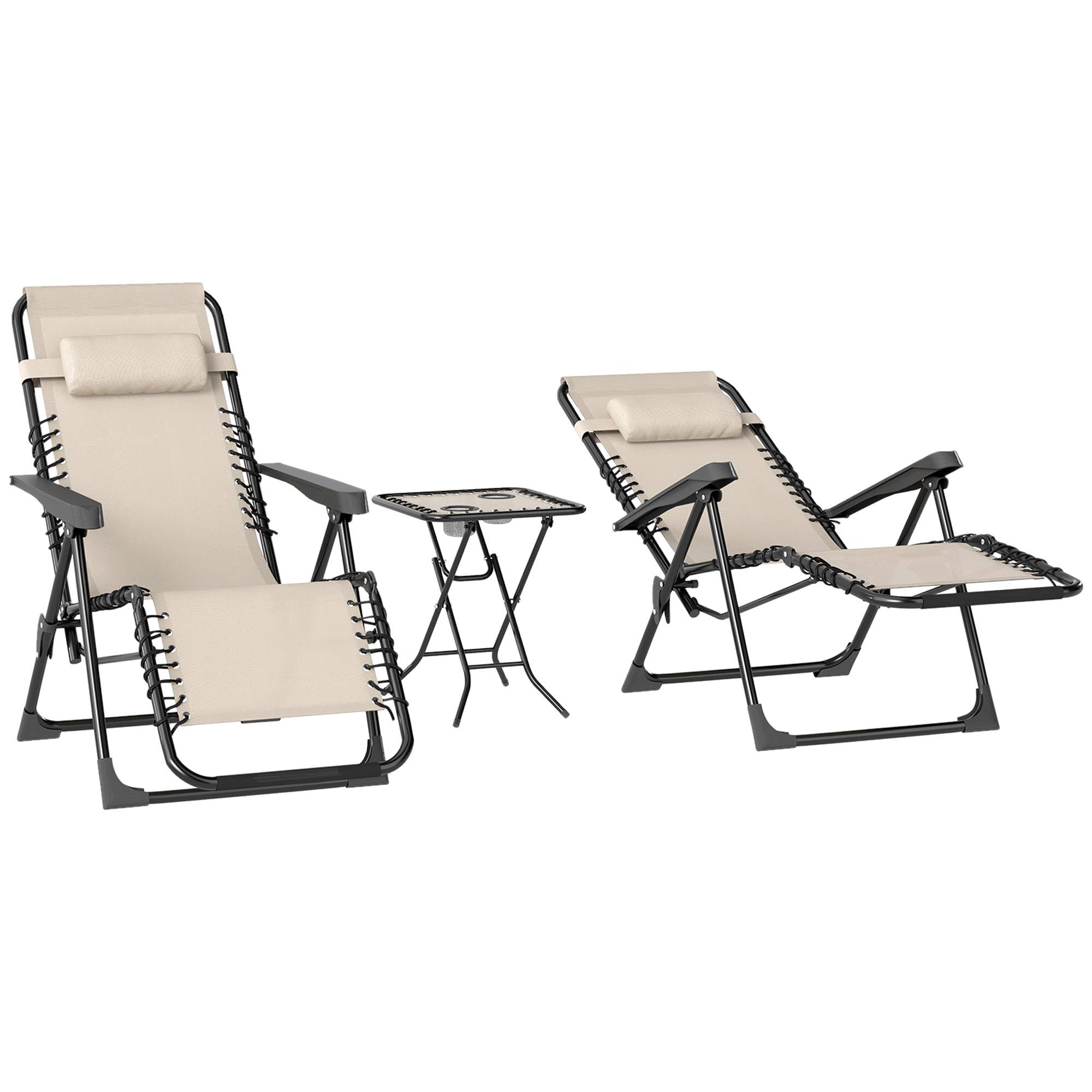 Sans Marque - Lot de 2 chaise longue pliable et inclinable avec table d'appoint, porte-gobelets et appuie-têtes, charge 120 kg, beige - Image 2