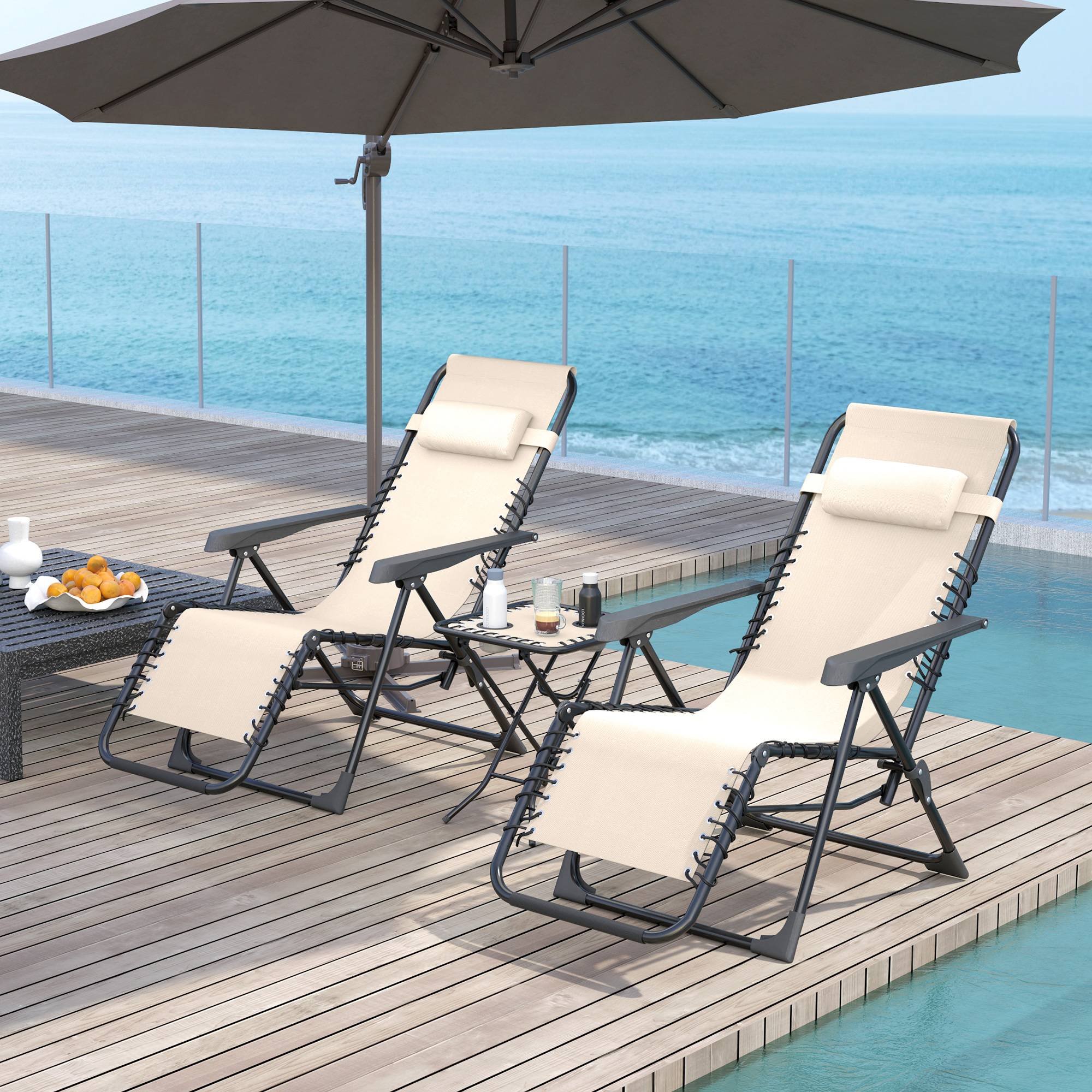 Sans Marque - Lot de 2 chaise longue pliable et inclinable avec table d'appoint, porte-gobelets et appuie-têtes, charge 120 kg, beige - Image 3