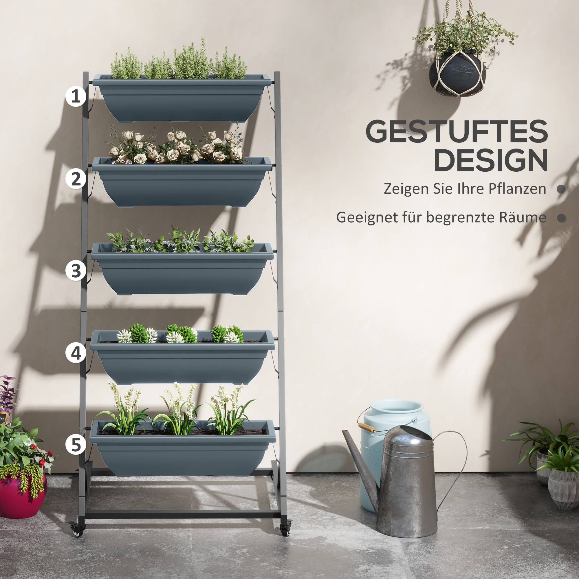 Étagère porte-plantes acier balcon extérieur 5 niveaux 65x67x145cm gris - ComfortXL Outdoor Living - Image 6