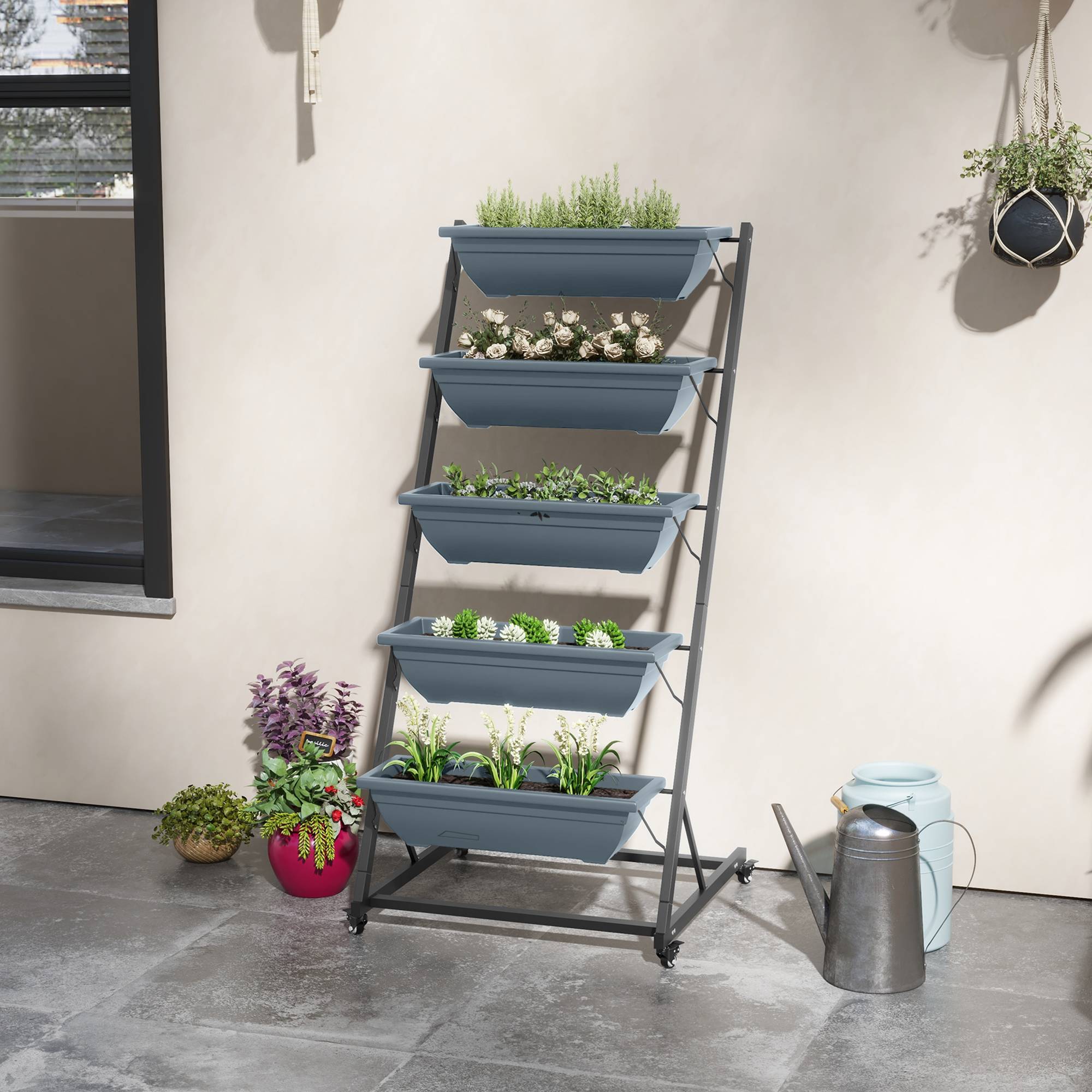 Étagère porte-plantes acier balcon extérieur 5 niveaux 65x67x145cm gris - ComfortXL Outdoor Living - Image 4