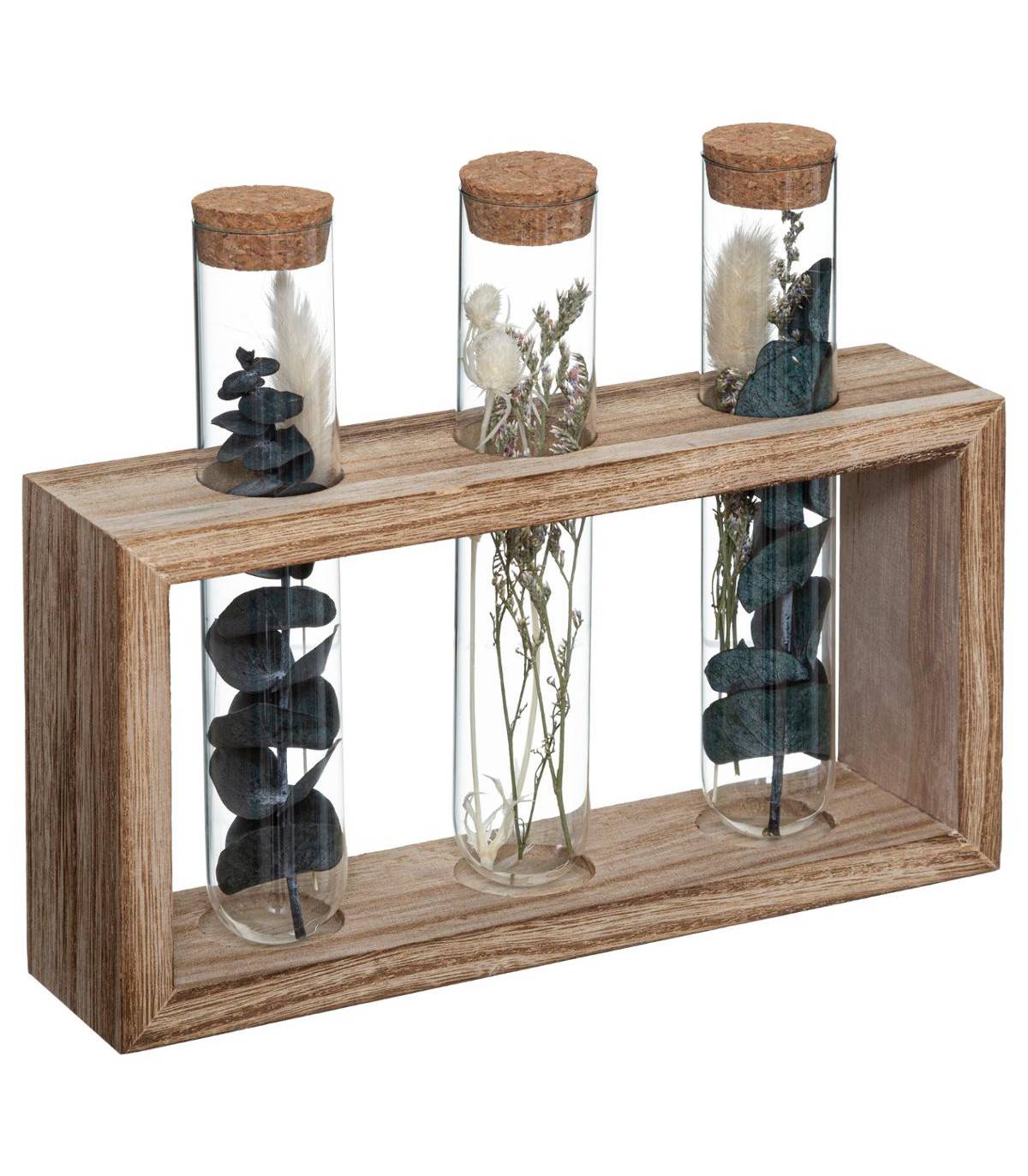 Fleurs séchées dans 3 Tubes en verre Support en Bois L 21 x H 17.2 cm - Image 1