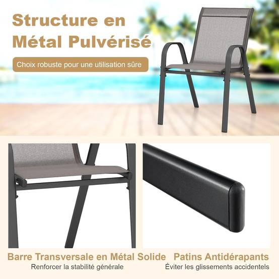 Lot de 4 Chaises de Jardin Exterieures avec Cadre en Métal, Fauteuil d'Extérieur Empilable en Tissu Respirant, Charge 150 KG, Gris - Image 4