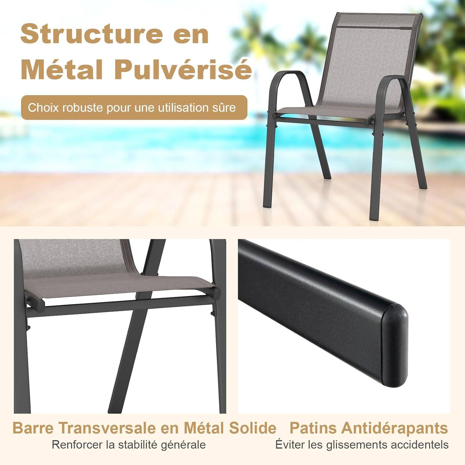 Lot de 4 Chaises de Jardin Exterieures avec Cadre en Métal, Fauteuil d'Extérieur Empilable en Tissu Respirant,  Charge 150 KG, Gris - Image 4