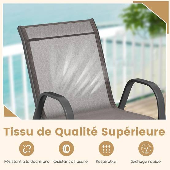 Lot de 4 Chaises de Jardin Exterieures avec Cadre en Métal, Fauteuil d'Extérieur Empilable en Tissu Respirant, Charge 150 KG, Gris - Image 3