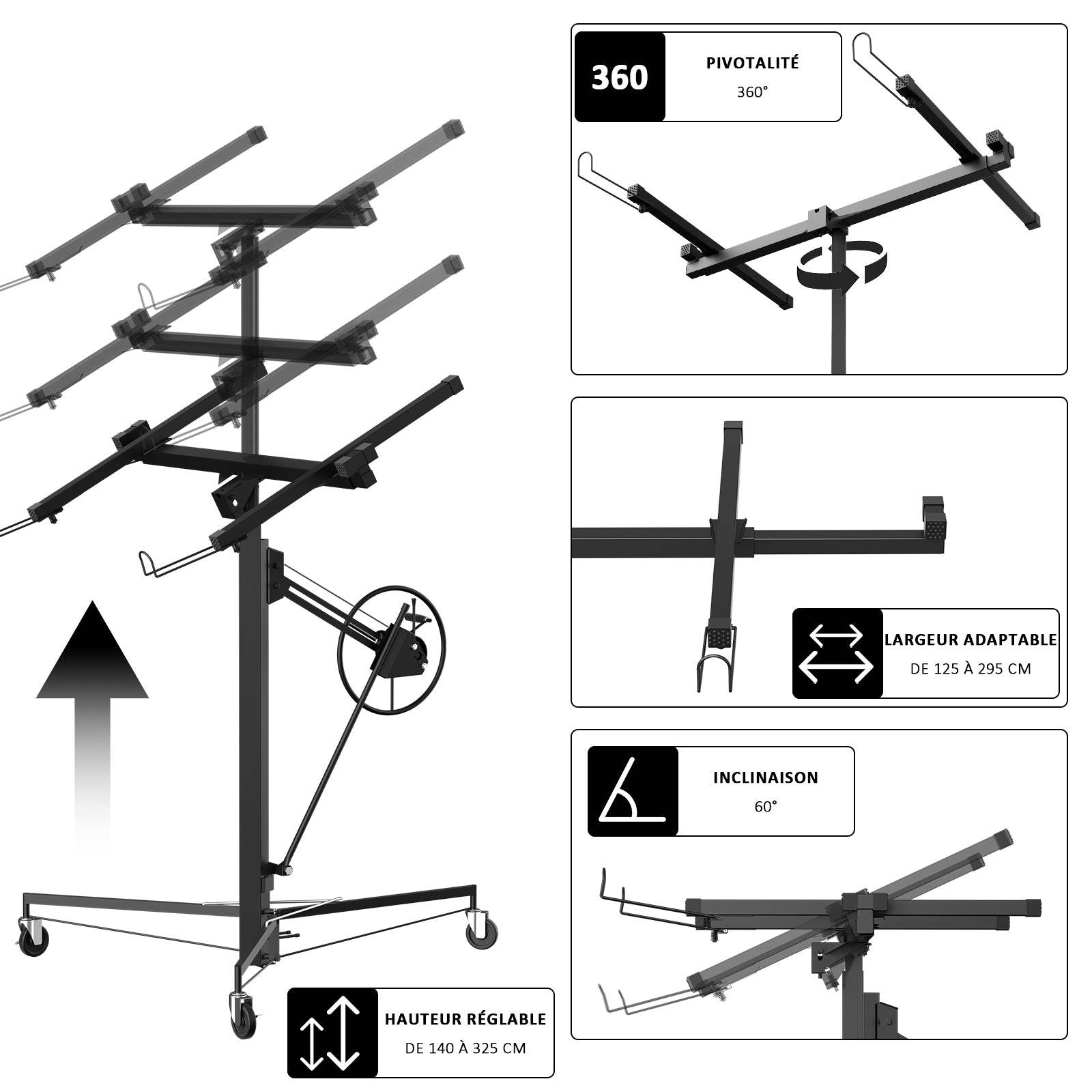 Élévateur pour plaques de plâtre noir — capacité de charge maximale 68 kg, hauteur réglable de 140 à 325 cm - Image 6
