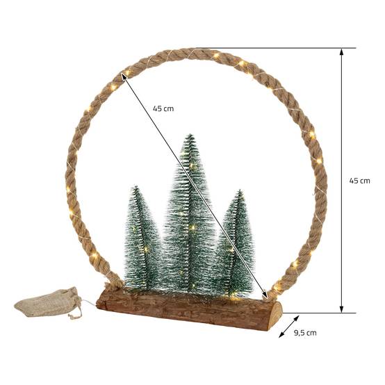 Ecd-Germany - Décoration lumineuse couronne en jute corde 45x45x9,5 cm 45 LEDs lumière blanche chaude à piles minuterie avec sapins et sac déco d'intérieur Noël - Image 6