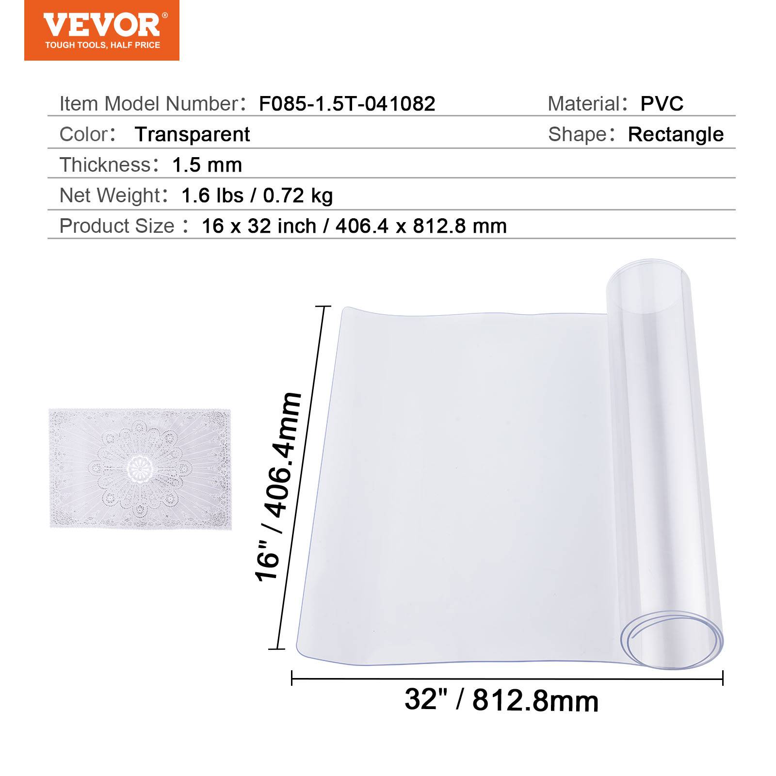 VEVOR Protection bureau PVC transparent, 16x32", 1.5mm, rectangulaire, résistant eau, nettoyage. - Image 7