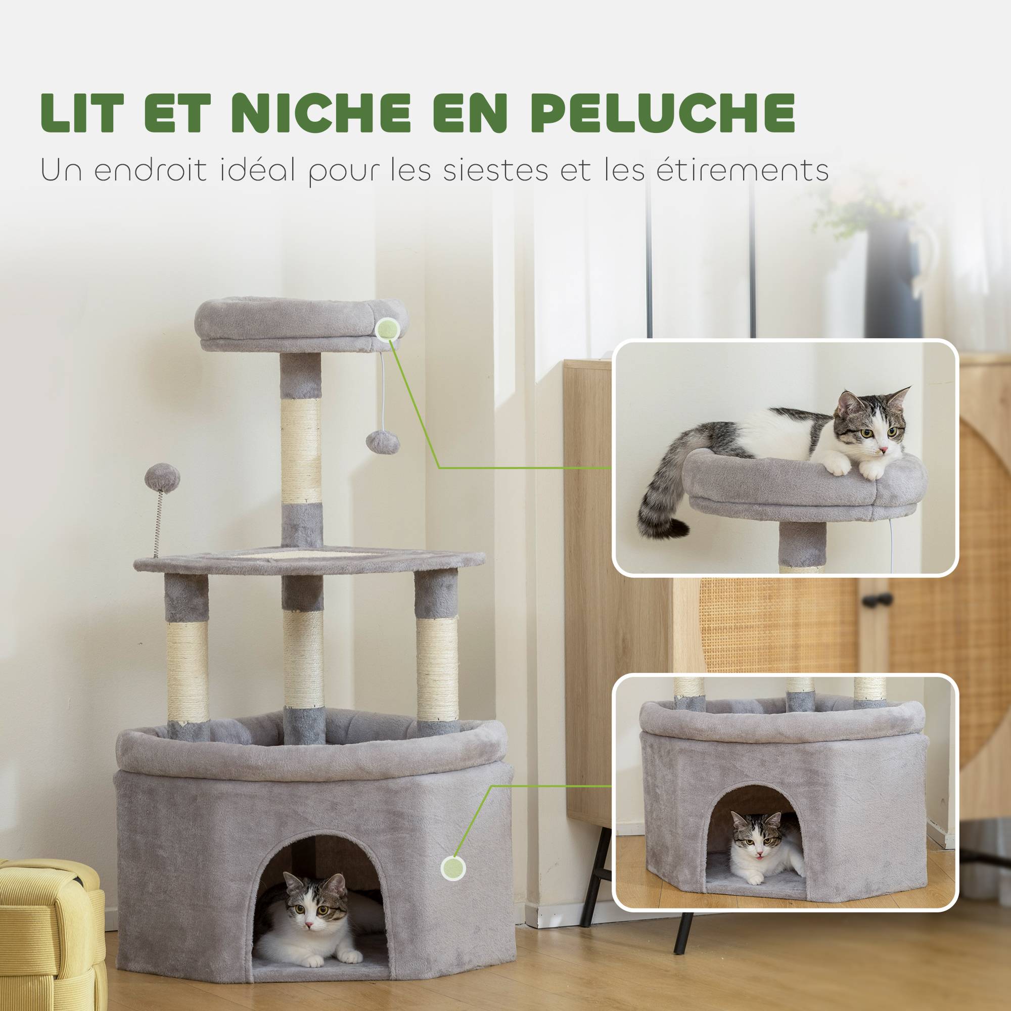 Arbre à chat sisal et peluche gris clair 49 x 49 x 114 cm - PANGIVO - Image 8