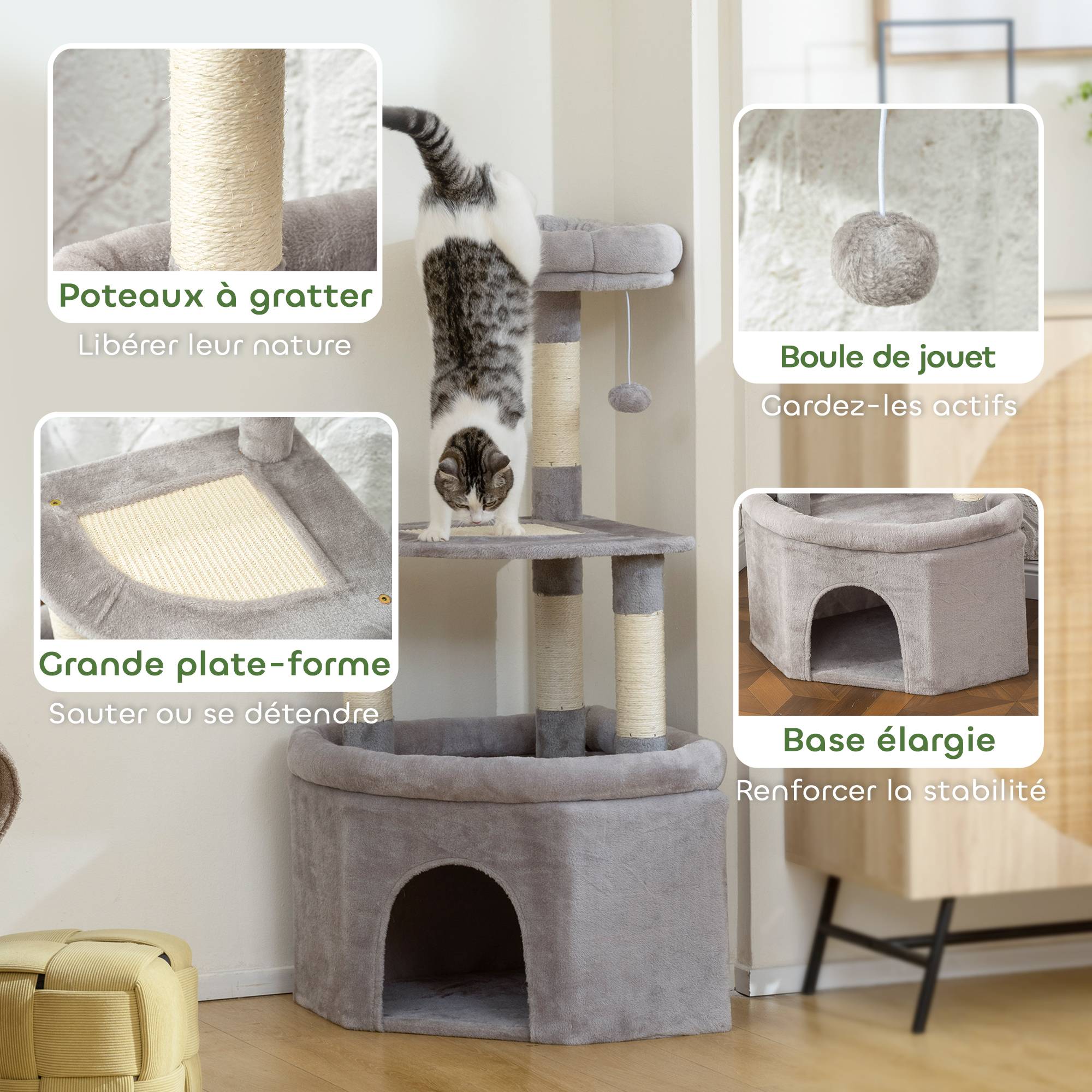Arbre à chat sisal et peluche gris clair 49 x 49 x 114 cm - PANGIVO - Image 9