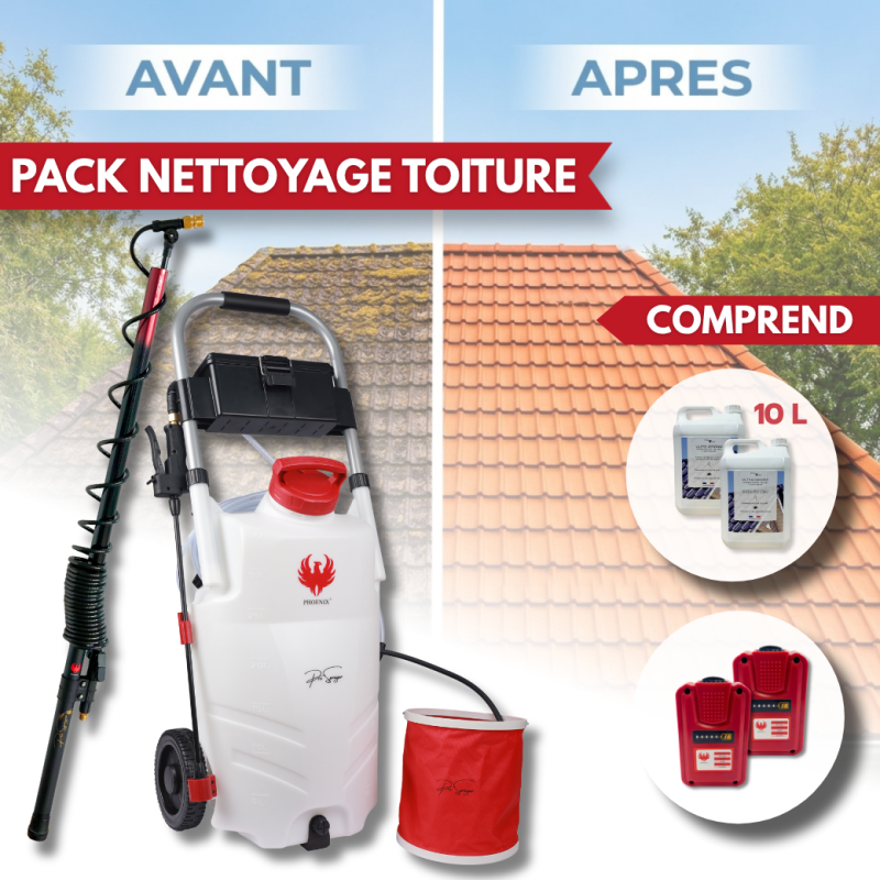 Pack PHOENIX Pulvérisateur électrique EVO 2 Batteries + 10L Nettoyant Concentré Toiture et Façade + Perche Télescopique EVO 5,4 Mètres