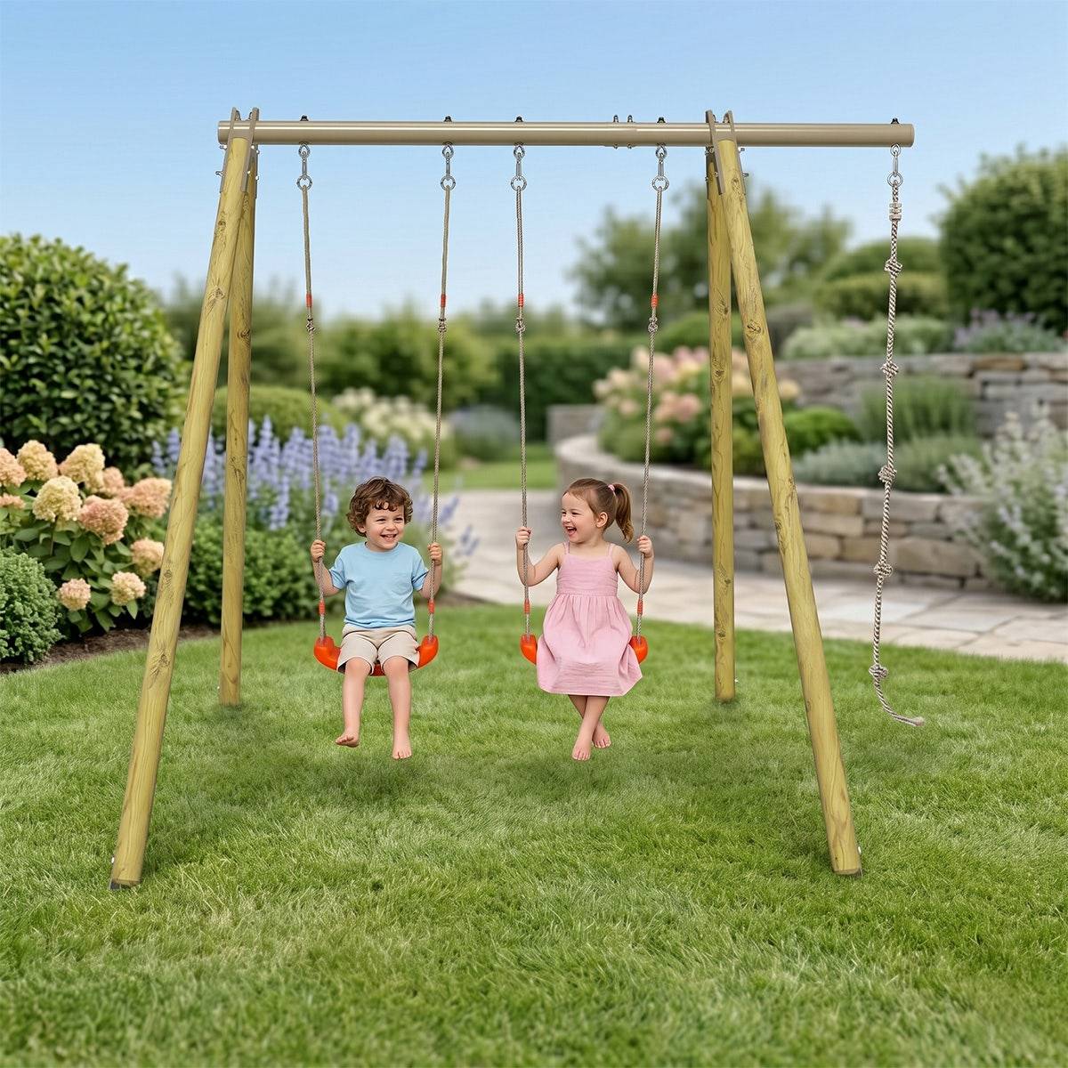 Portique bois poutre métal Techwood Premium Piko 2,30 m – 3 enfants avec corde à nœuds - Image 2
