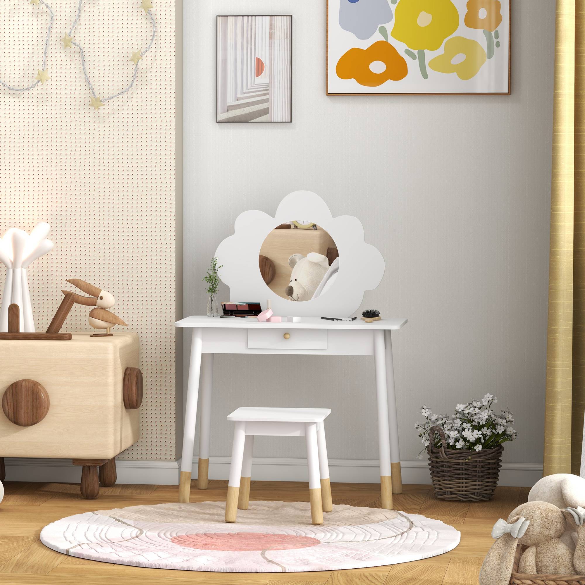 Sans Marque - Ensemble coiffeuse pour enfant avec tabouret, coiffeuse 2 pièces pour enfants de 3 à 6 ans, miroir forme de nuage, blanc - Image 4