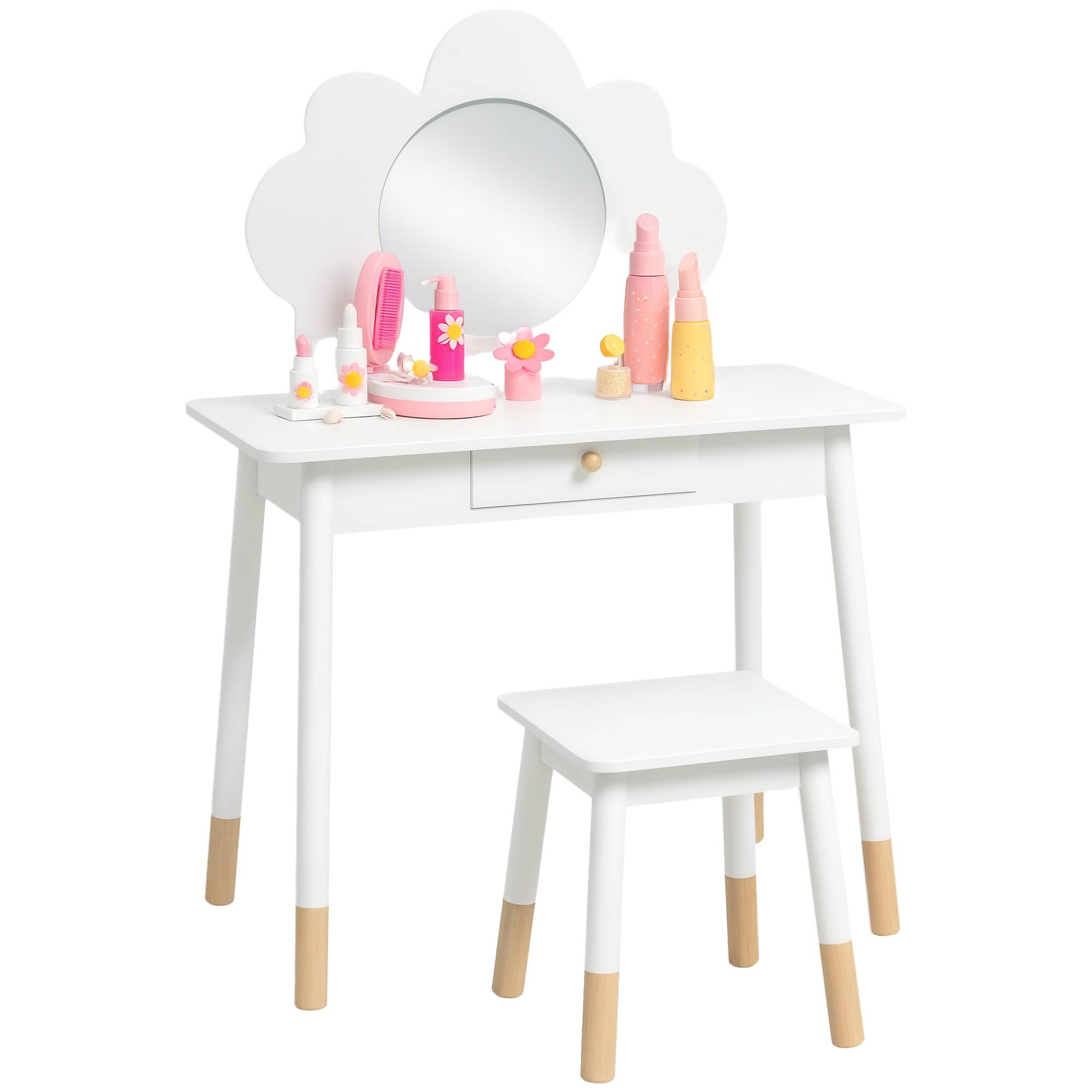 Sans Marque - Ensemble coiffeuse pour enfant avec tabouret, coiffeuse 2 pièces pour enfants de 3 à 6 ans, miroir forme de nuage, blanc - Image 1