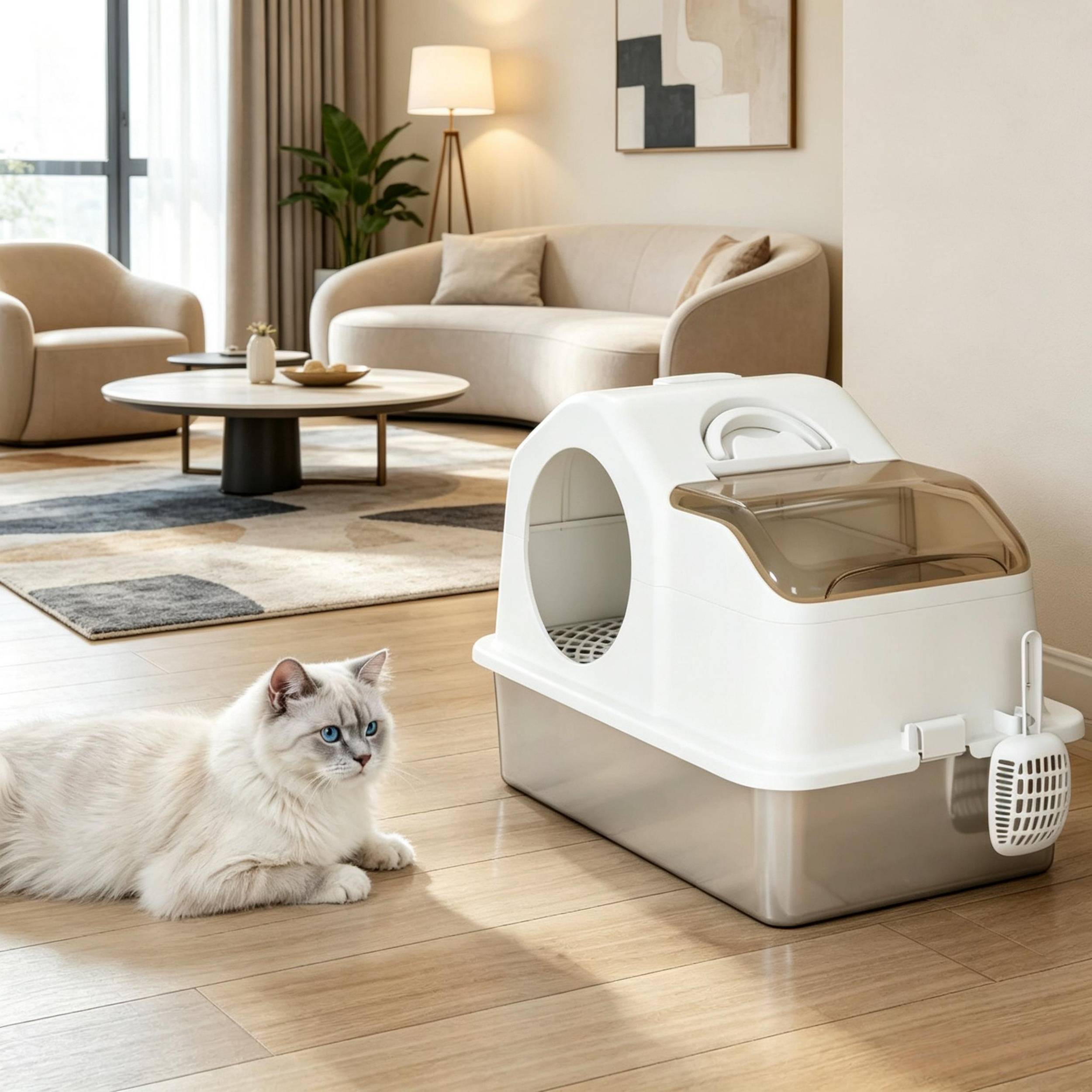 ComfortXL - Litière pour chat fermée inox et ABS 60,5 x 40,5 x 45 cm blanc argent couvercle amovible anti-projections - Image 1