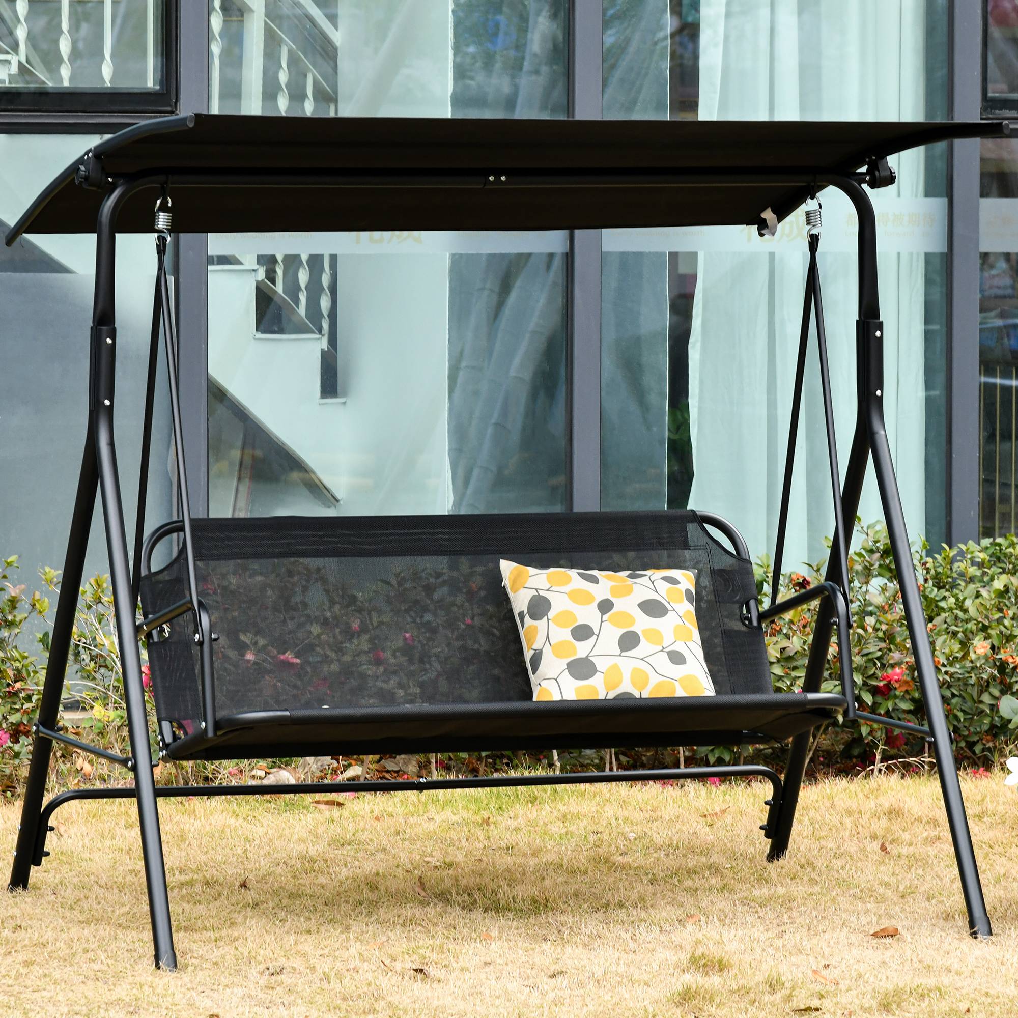 Balancelle jardin noire 2 places 172x110x155cm pare-soleil auvent inclinable 200kg - Image 2