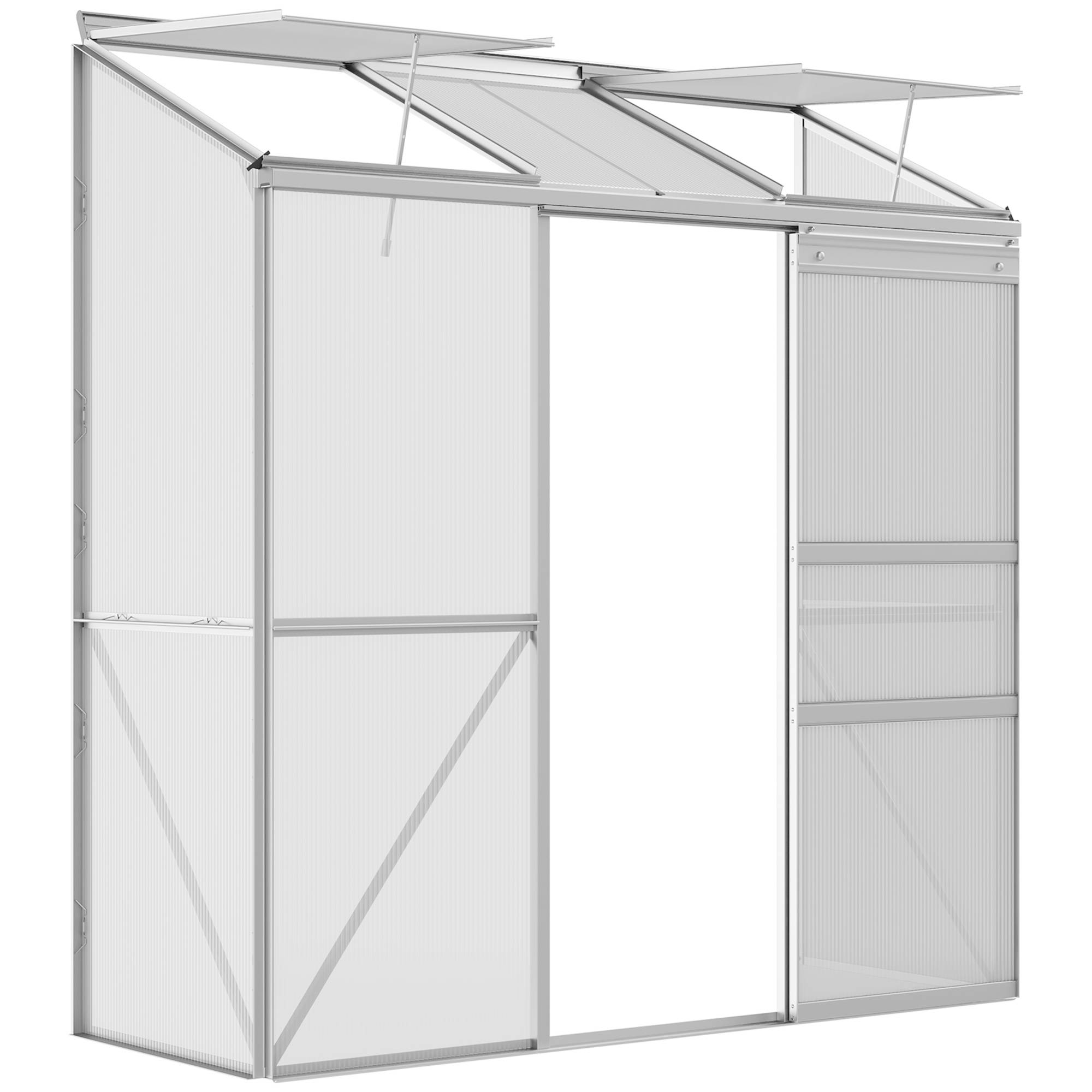 Sans Marque - Serre adossée, porte coulissante, vasistas, polycarbonate+alu, argent, 192 x 68 x 196 cm