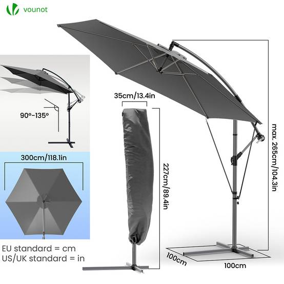 Parasol déporté inclinable 3M avec sangle de fixation et housse de protection Gris - Inclinaison réglable - Rotatif 360° - VOUNOT® - Image 6