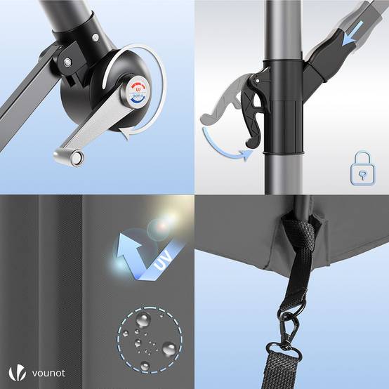 Parasol déporté inclinable 3M avec sangle de fixation et housse de protection Gris - Inclinaison réglable - Rotatif 360° - VOUNOT® - Image 7