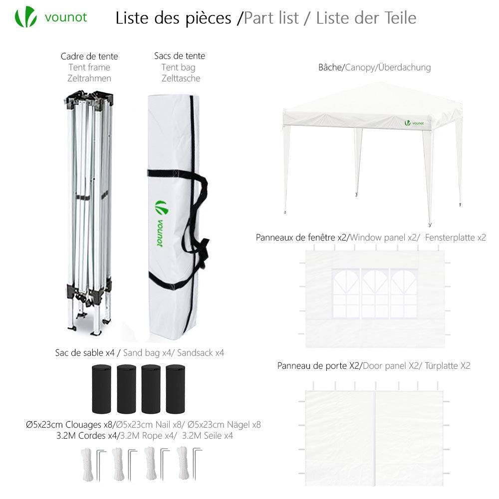 Vounot - Tonnelle de jardin pliante 3 x 3 m avec parois fenêtres et sac de transport blanc - Vounot - Image 2
