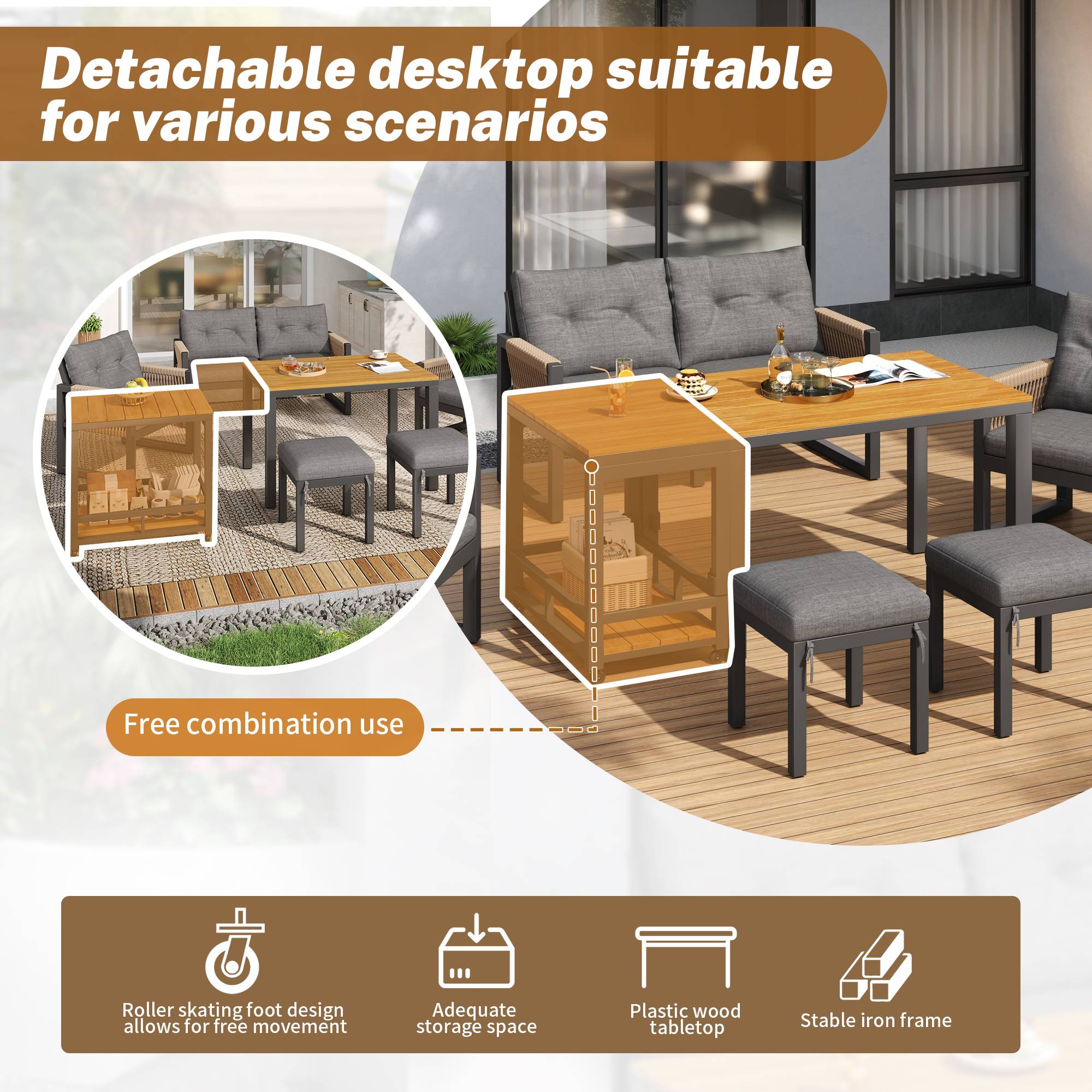 ComfortXL - Salon de jardin 6 places en acier et bois composite pour terrasse avec table modulable Gris et Naturel - ComfortXL Outdoor Living - Image 5
