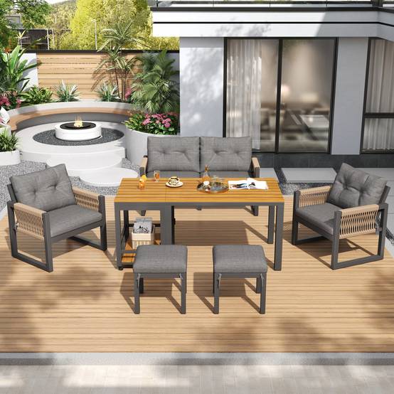 ComfortXL - Salon de jardin 6 places en acier et bois composite pour terrasse avec table modulable Gris et Naturel - ComfortXL Outdoor Living - Image 1