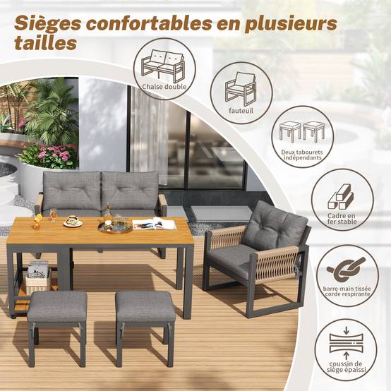ComfortXL - Salon de jardin 6 places en acier et bois composite pour terrasse avec table modulable Gris et Naturel - ComfortXL Outdoor Living - Image 4