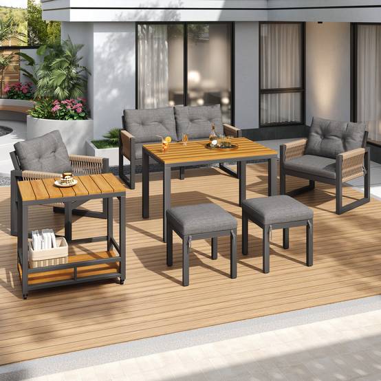 ComfortXL - Salon de jardin 6 places en acier et bois composite pour terrasse avec table modulable Gris et Naturel - ComfortXL Outdoor Living - Image 9