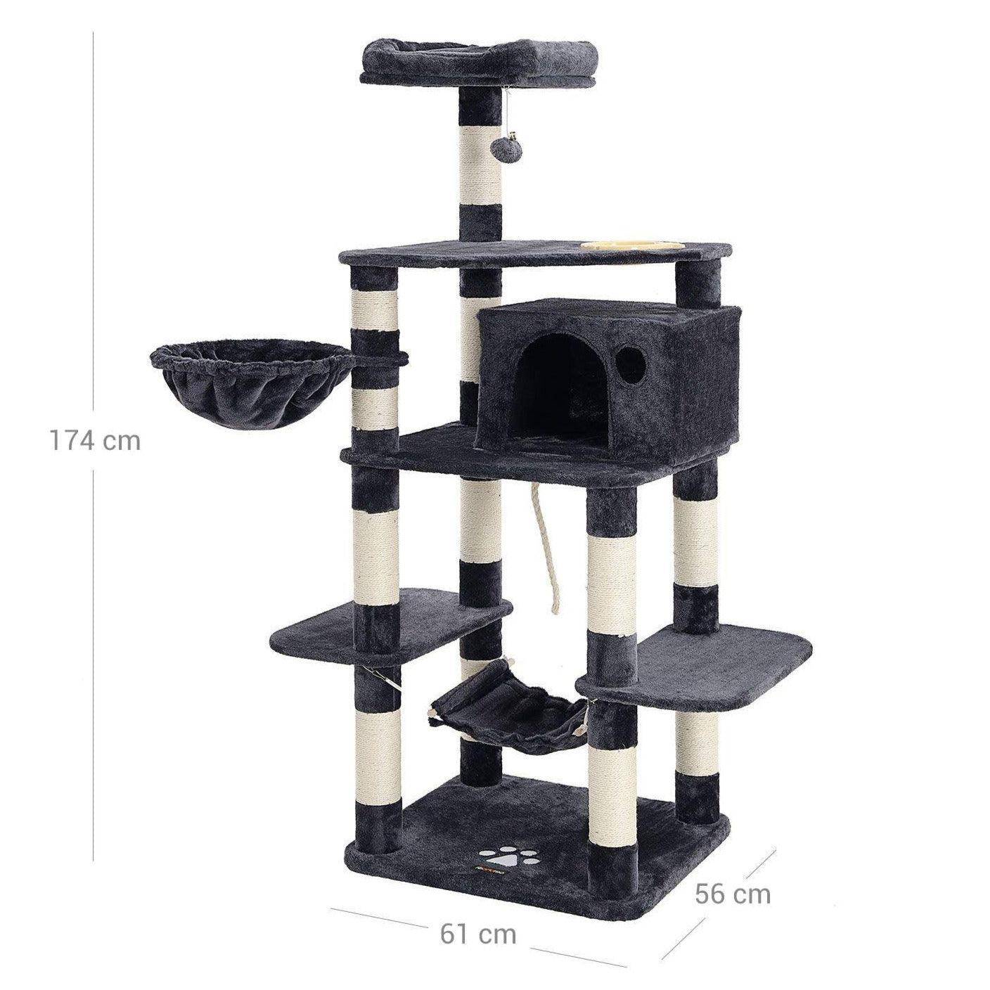 Helloshop26 - Arbre à chat hauteur de 174 cm multi-niveaux avec bol panier niche maison de jeu meubles pour chatons chats et félins couleur grise cendrée - Imagen 2