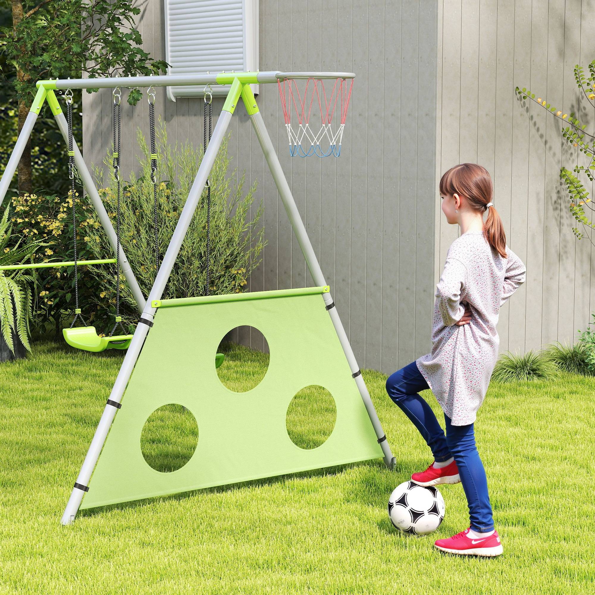 ComfortXL - Portique balançoire 3 en 1 en métal vert et gris 238 x 180 x 182 cm pour enfants avec basket et but de foot - Image 9