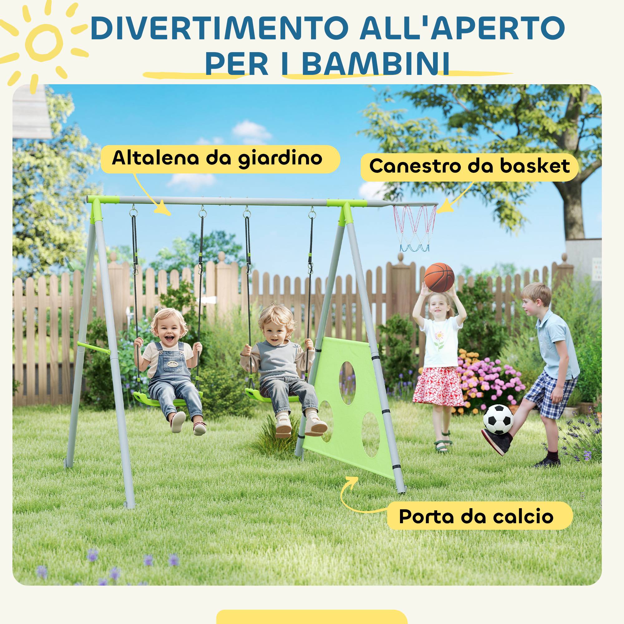 ComfortXL - Portique balançoire 3 en 1 en métal vert et gris 238 x 180 x 182 cm pour enfants avec basket et but de foot - Image 4