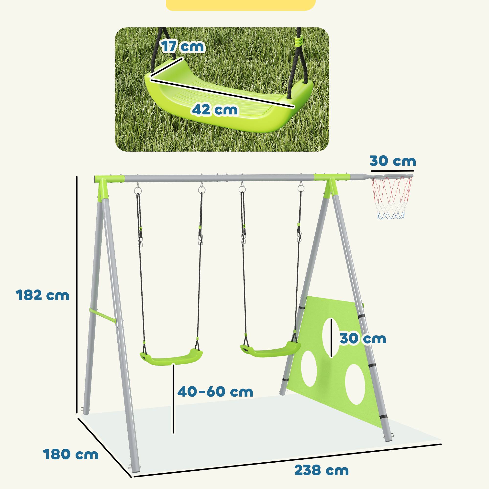 ComfortXL - Portique balançoire 3 en 1 en métal vert et gris 238 x 180 x 182 cm pour enfants avec basket et but de foot - Image 3
