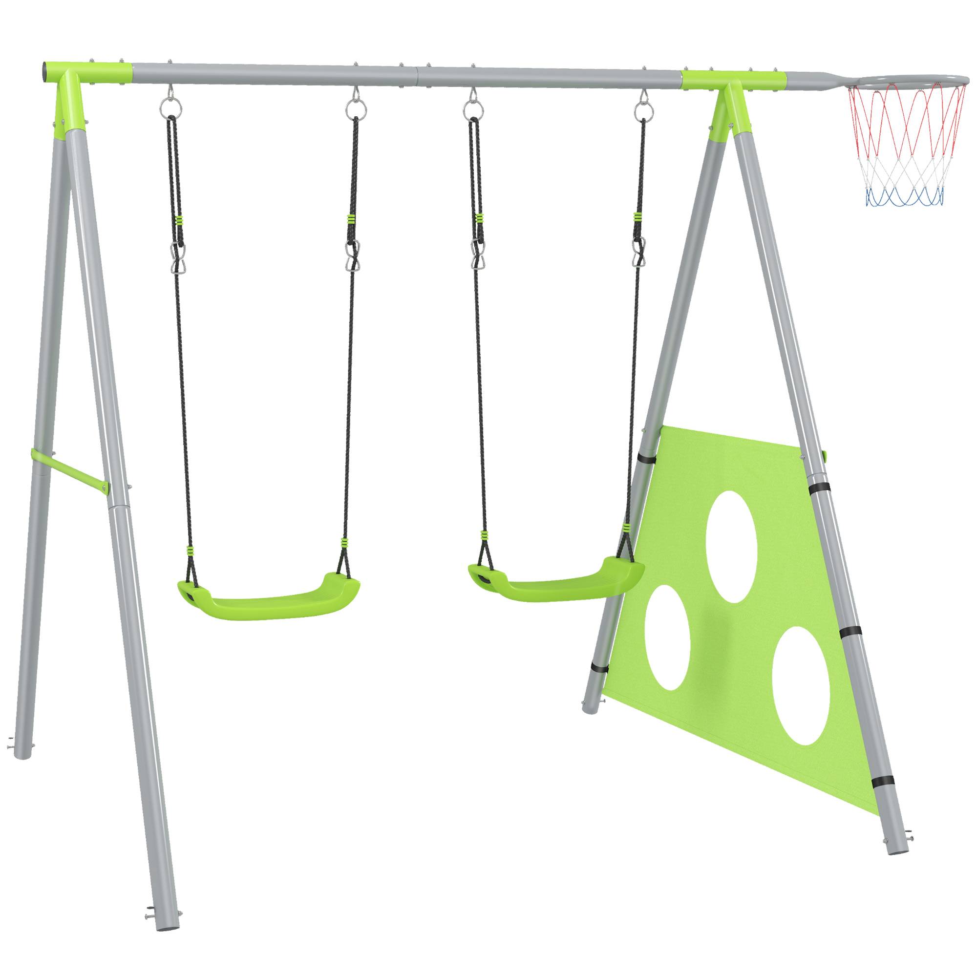 ComfortXL - Portique balançoire 3 en 1 en métal vert et gris 238 x 180 x 182 cm pour enfants avec basket et but de foot - Image 10