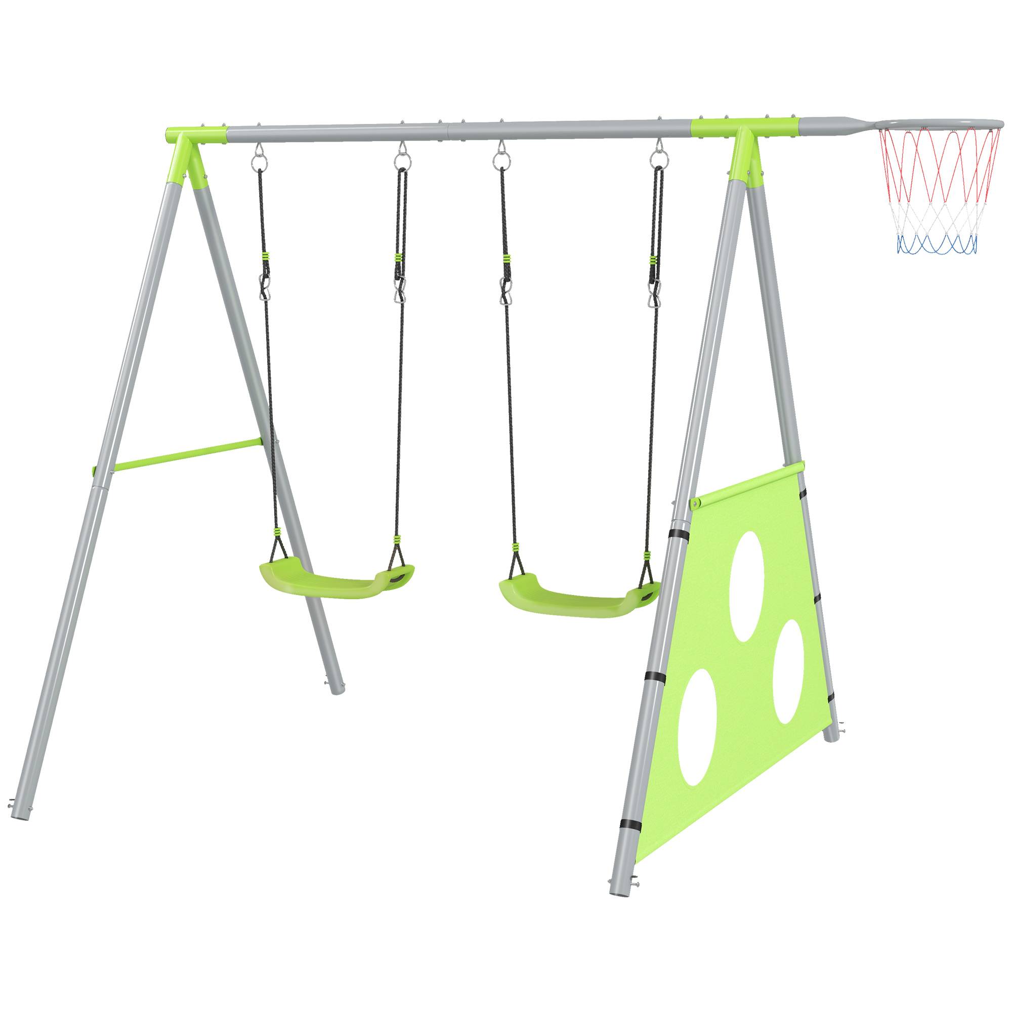 ComfortXL - Portique balançoire 3 en 1 en métal vert et gris 238 x 180 x 182 cm pour enfants avec basket et but de foot - Image 2