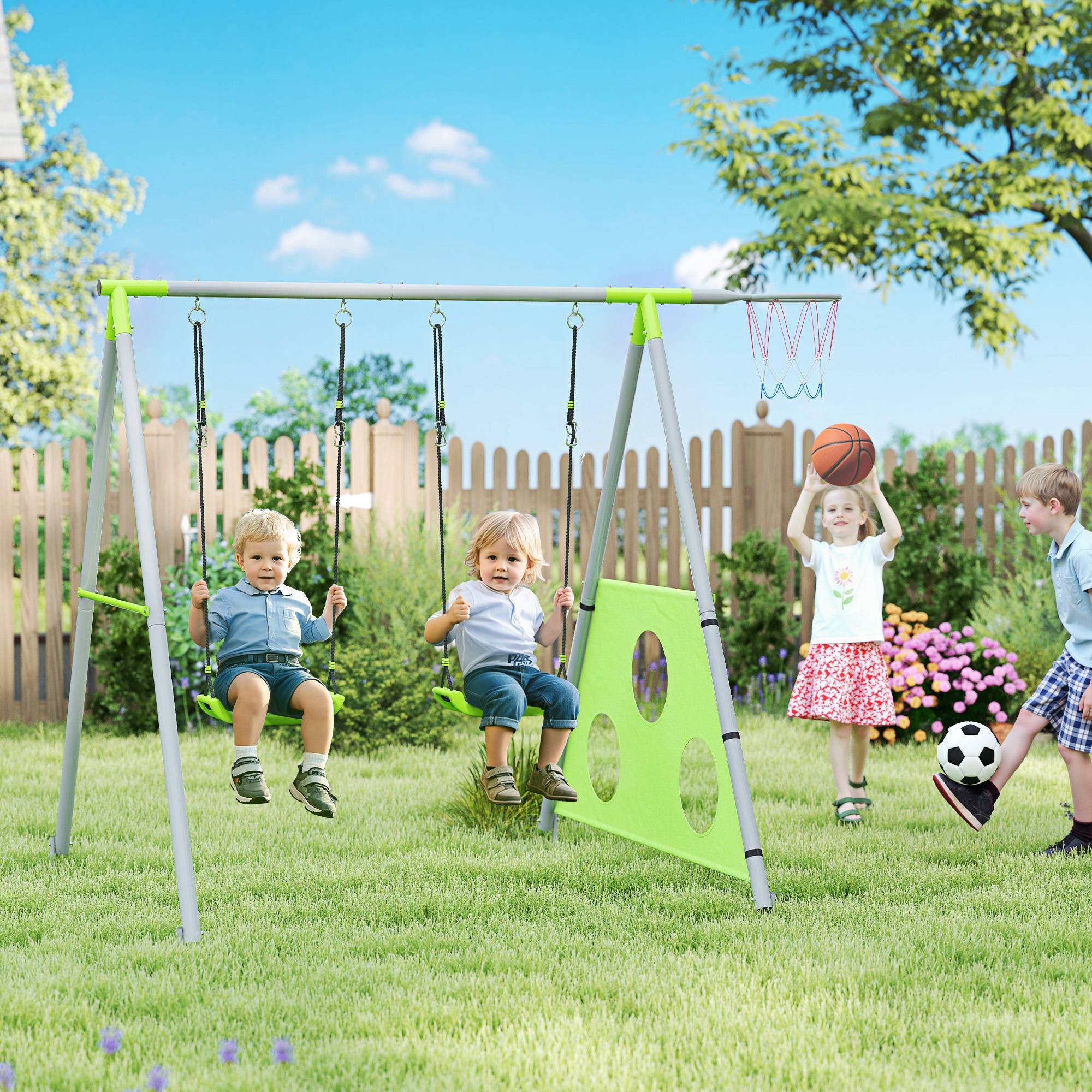 ComfortXL - Portique balançoire 3 en 1 en métal vert et gris 238 x 180 x 182 cm pour enfants avec basket et but de foot - Image 1