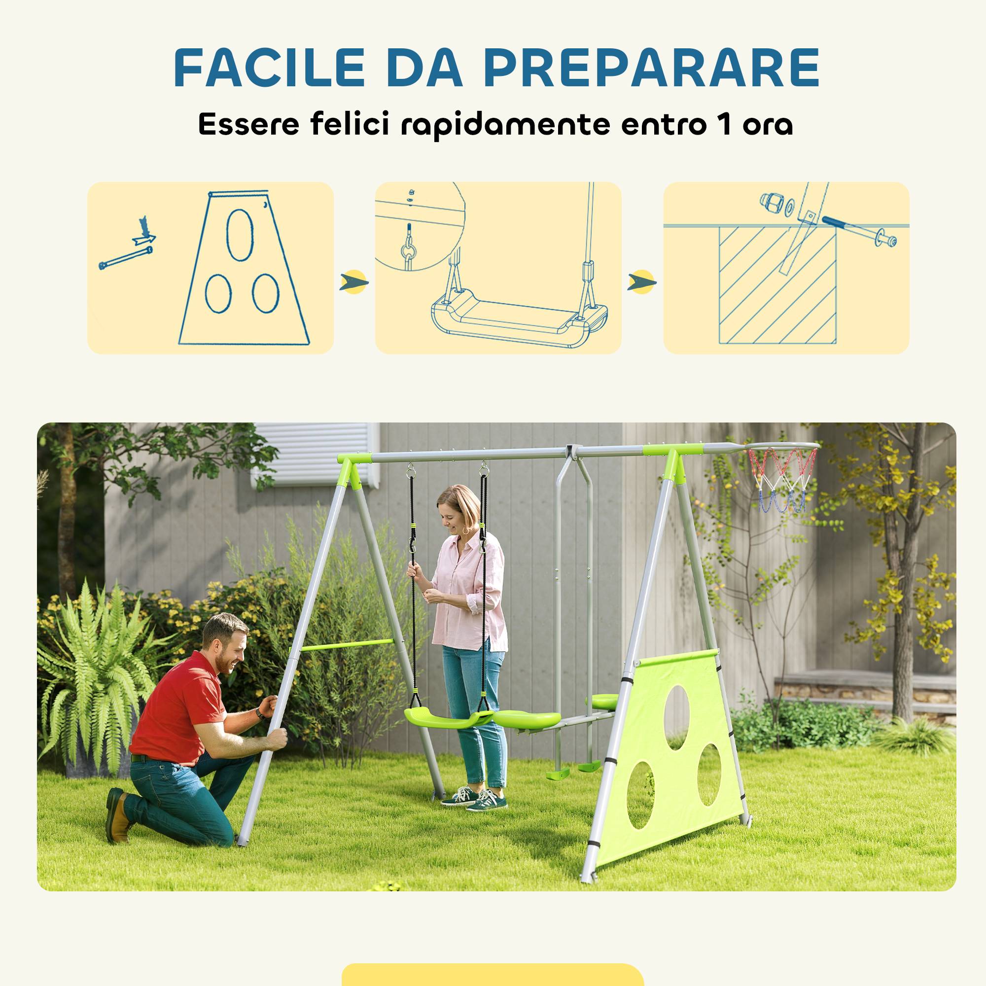 ComfortXL - Portique balançoire 3 en 1 en métal vert et gris 238 x 180 x 182 cm pour enfants avec basket et but de foot - Image 5