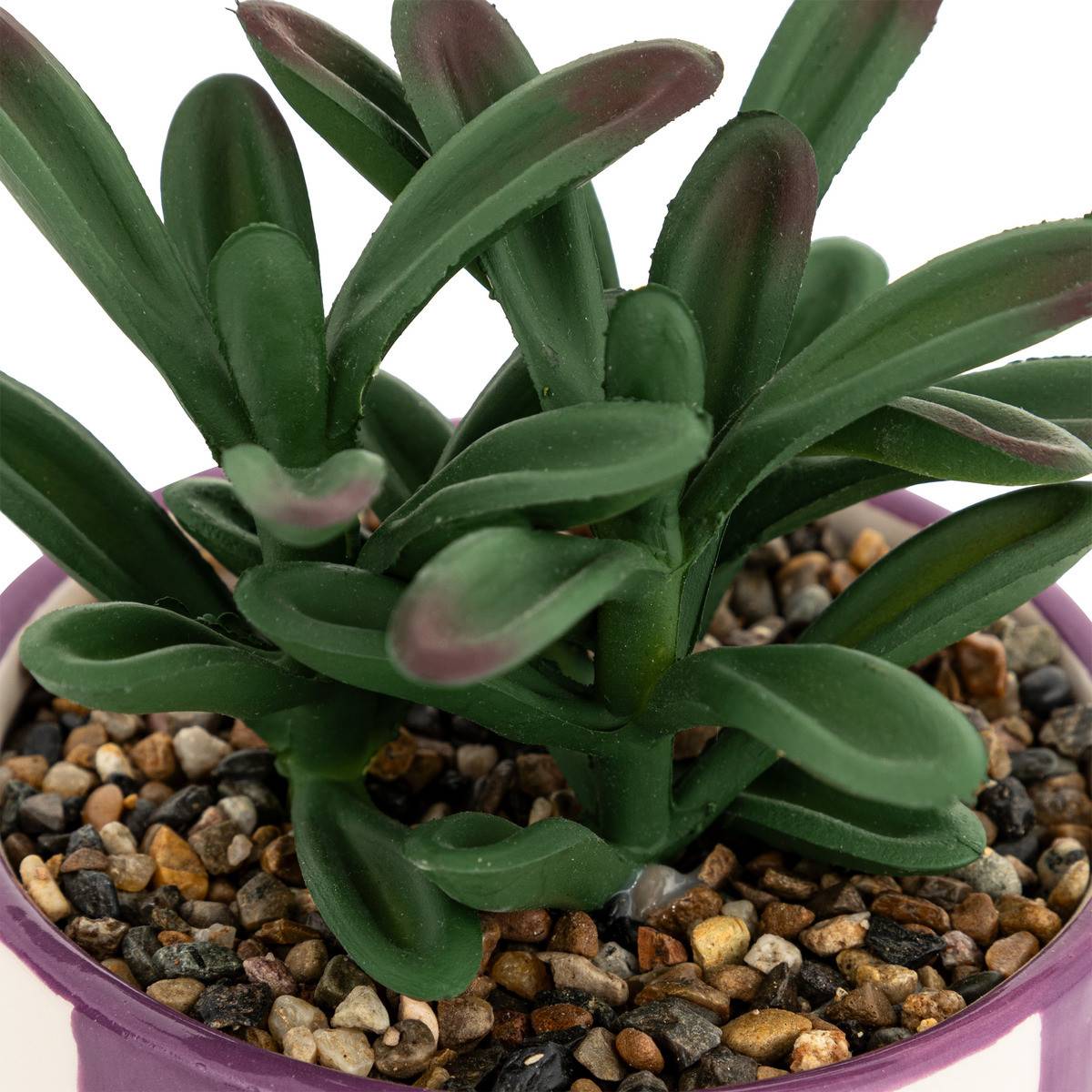 Atmosphera - Plante grasse artificielle dans un pot en céramique à rayure mauve H 16.5 cm - Imagen 2
