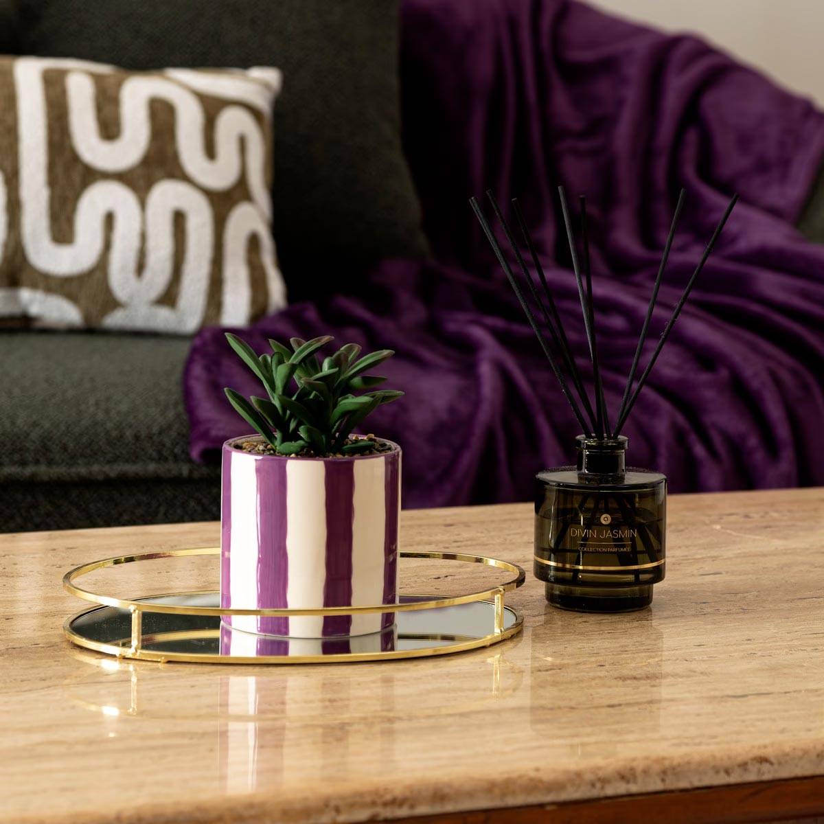 Atmosphera - Plante grasse artificielle dans un pot en céramique à rayure mauve H 16.5 cm - Imagen 3
