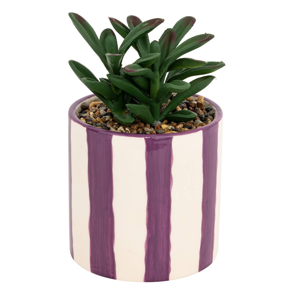 Atmosphera - Plante grasse artificielle dans un pot en céramique à rayure mauve H 16.5 cm - Imagen 1