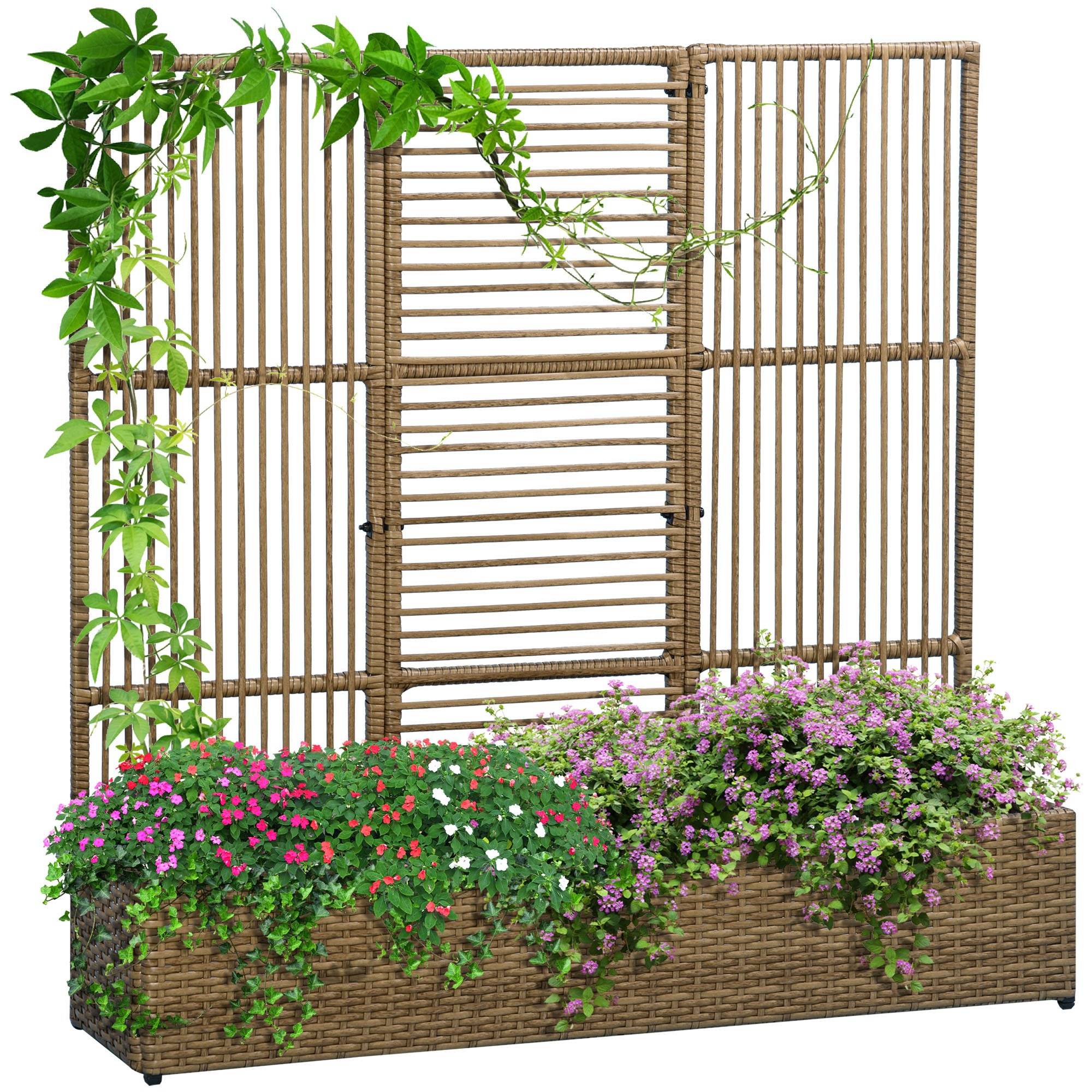 Support pour plantes avec treillis bac rectangulaire inférieur en résine tressée et acier dim. 103L x 29l x 103H cm