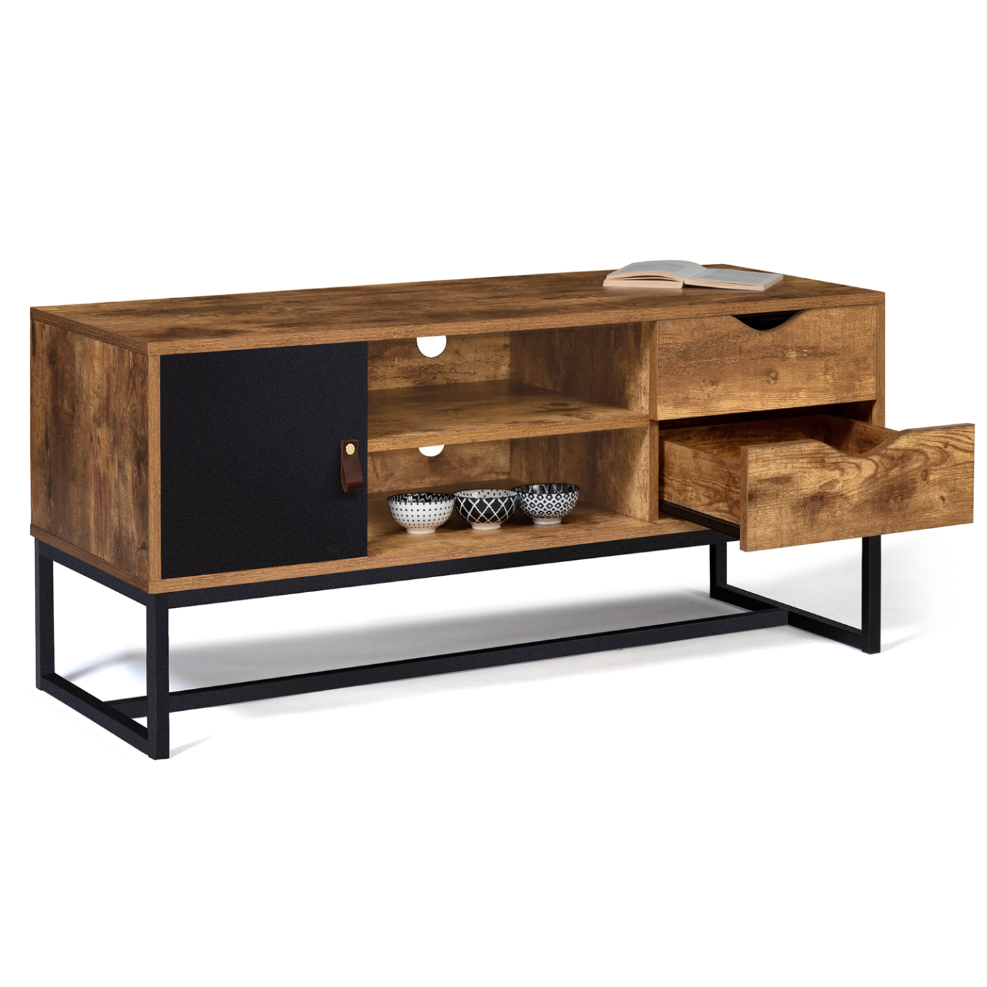 Meuble TV 110 cm CHICAGO 2 tiroirs avec placard design industriel - Image 4