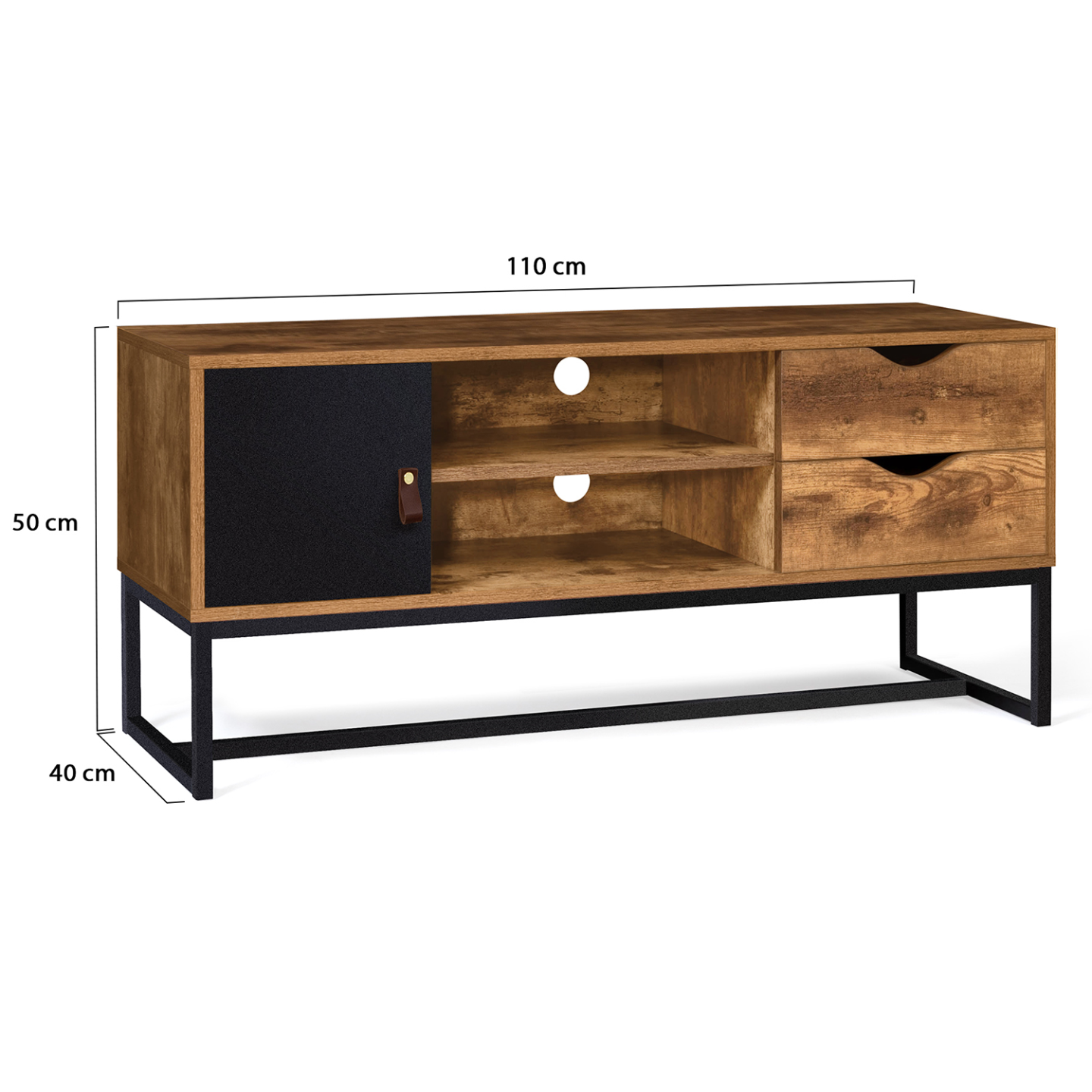 Meuble TV 110 cm CHICAGO 2 tiroirs avec placard design industriel - Image 6