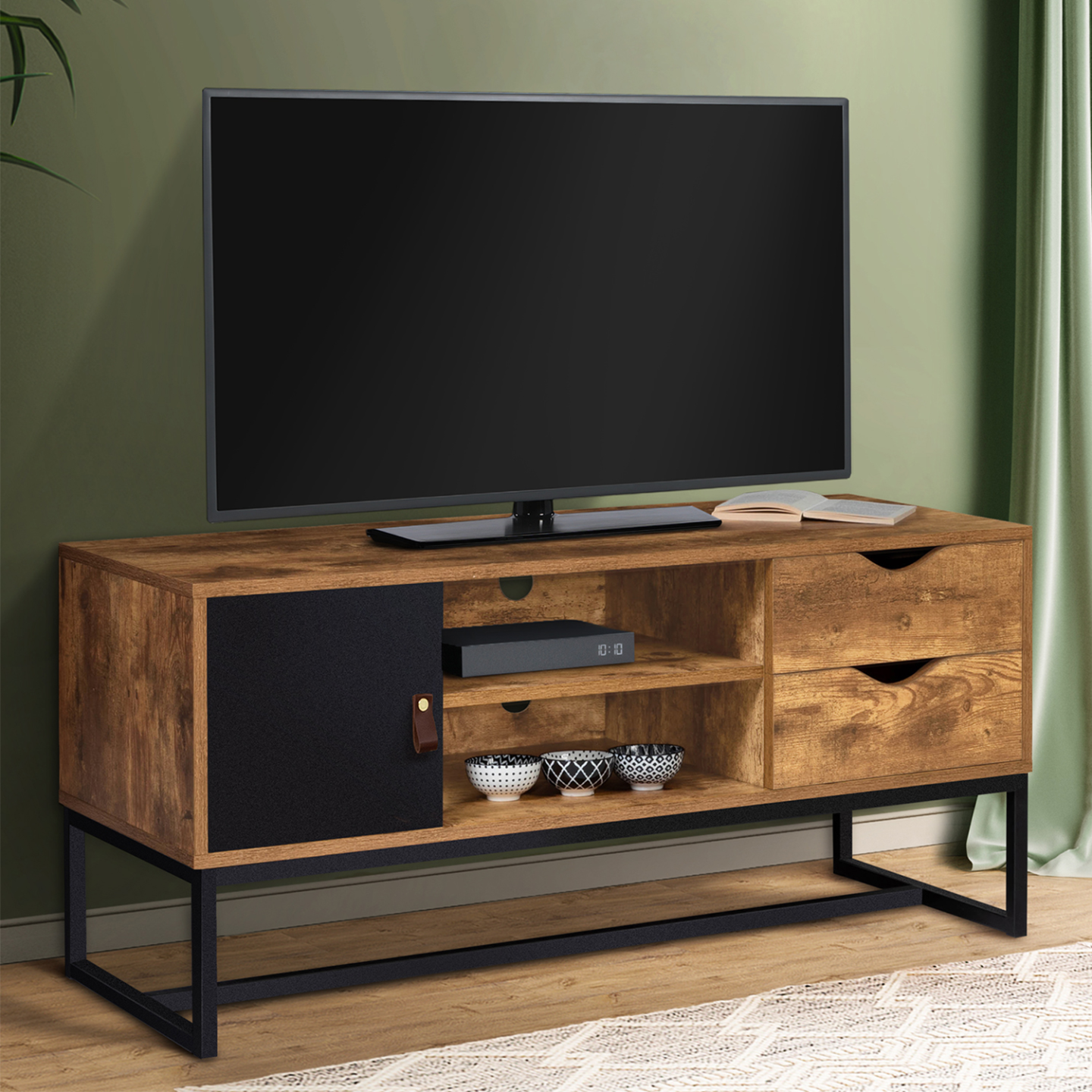 Meuble TV 110 cm CHICAGO 2 tiroirs avec placard design industriel - Image 1