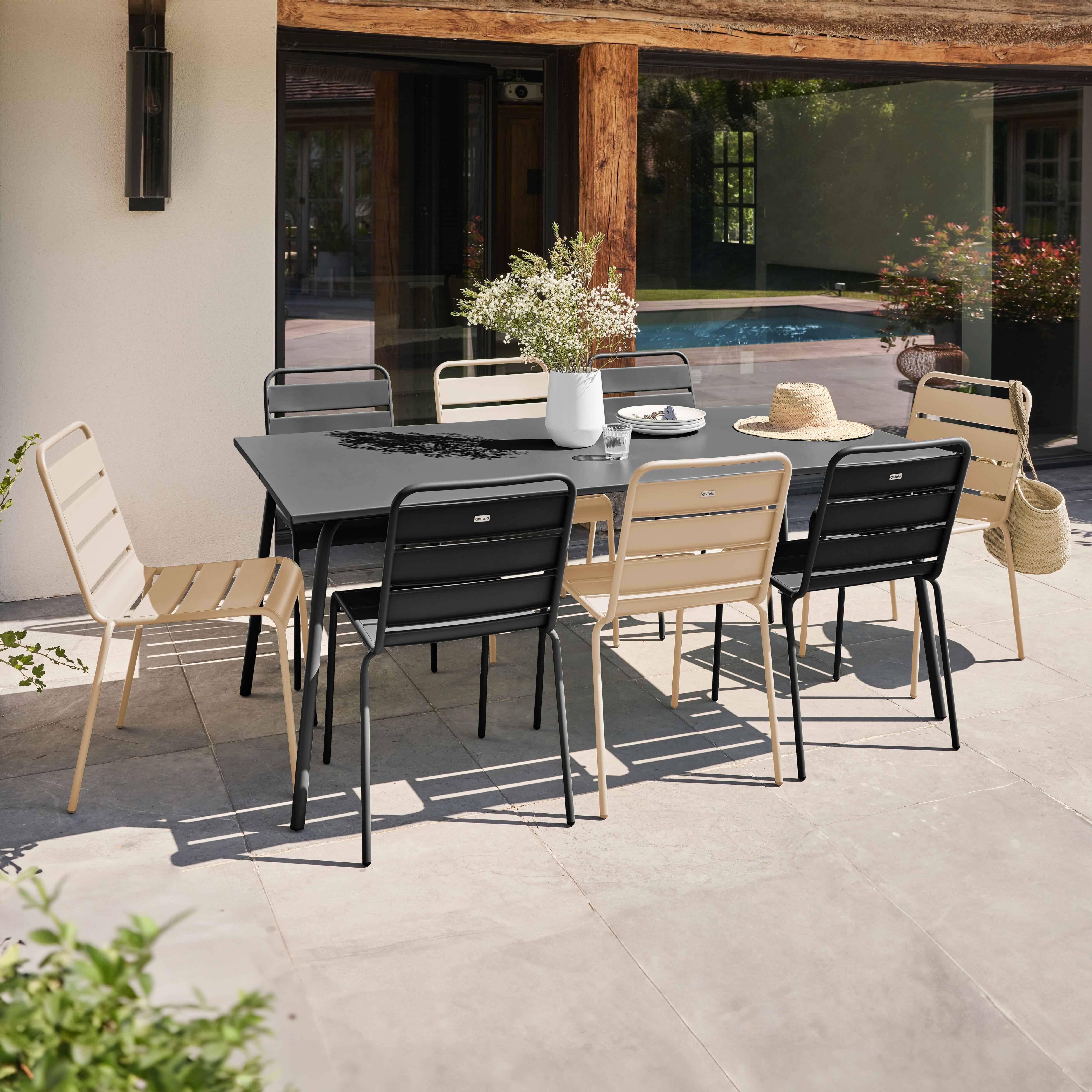 Oviala - Ensemble table de jardin et 8 chaises en métal gris et ivoire Palavas - Oviala - Imagen 2
