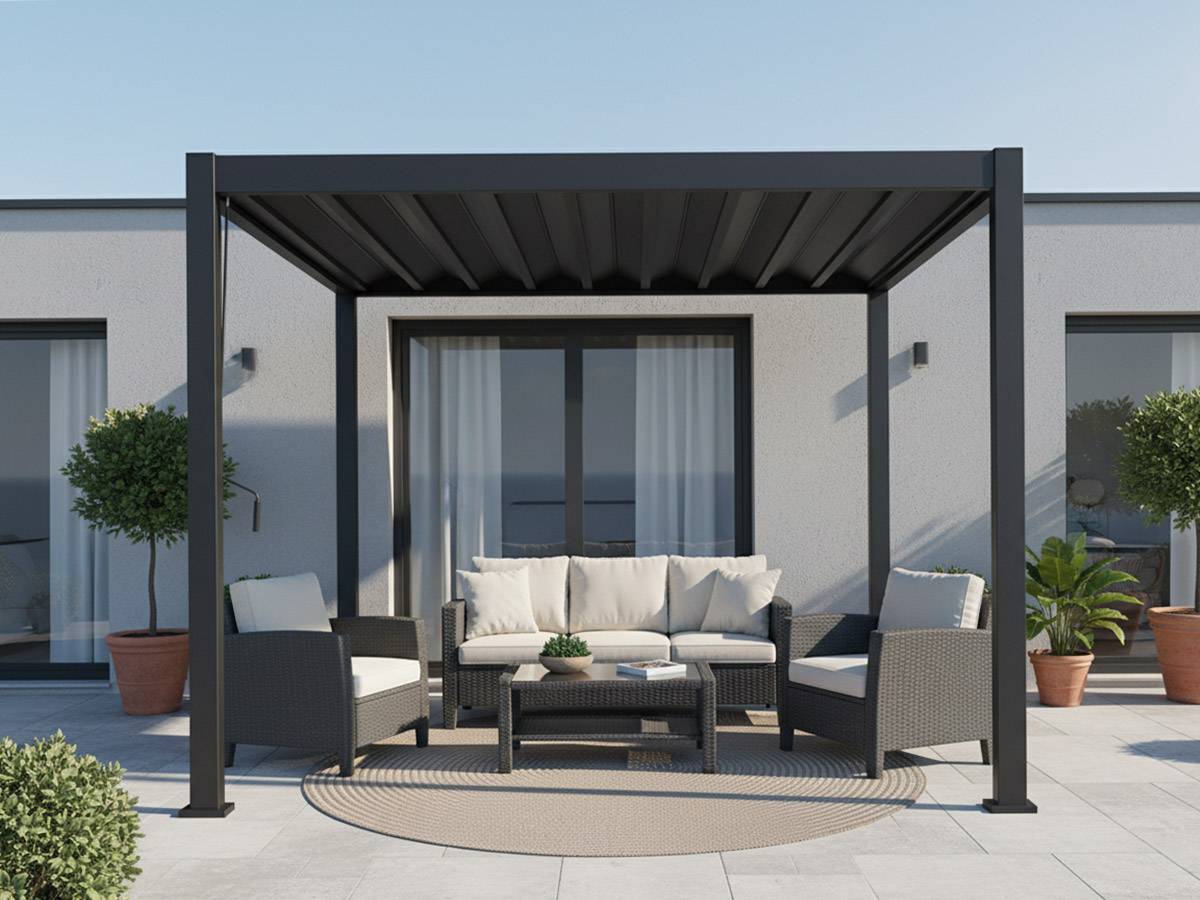 Hesperide - Kit pergola bioclimatique toit rétractable Evora Graphite 4 x 3 m Hespéride + Store 4 m - Image 2